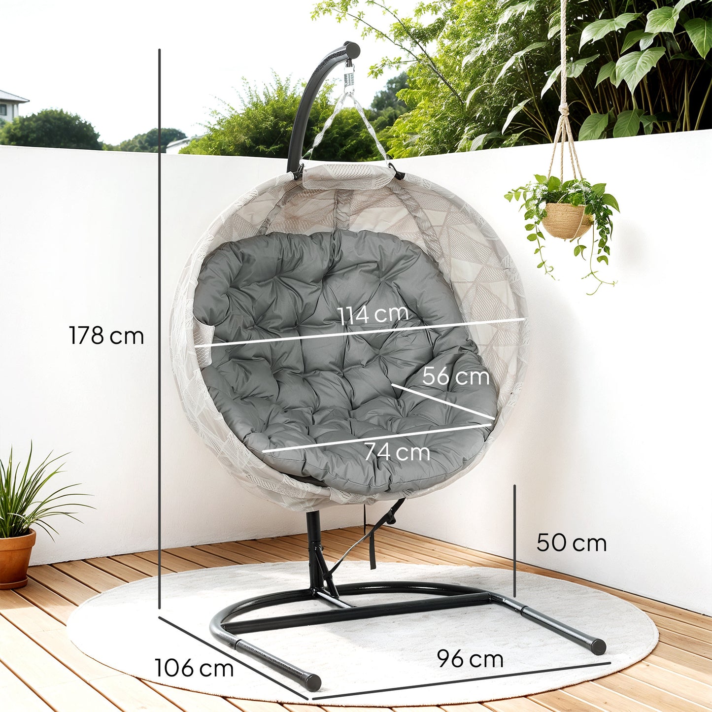 Outsunny Hanging Egg Chair With Stand Folding Basket Thickened Cushion Cup Holder For Patio Balcony Outdoor Grey