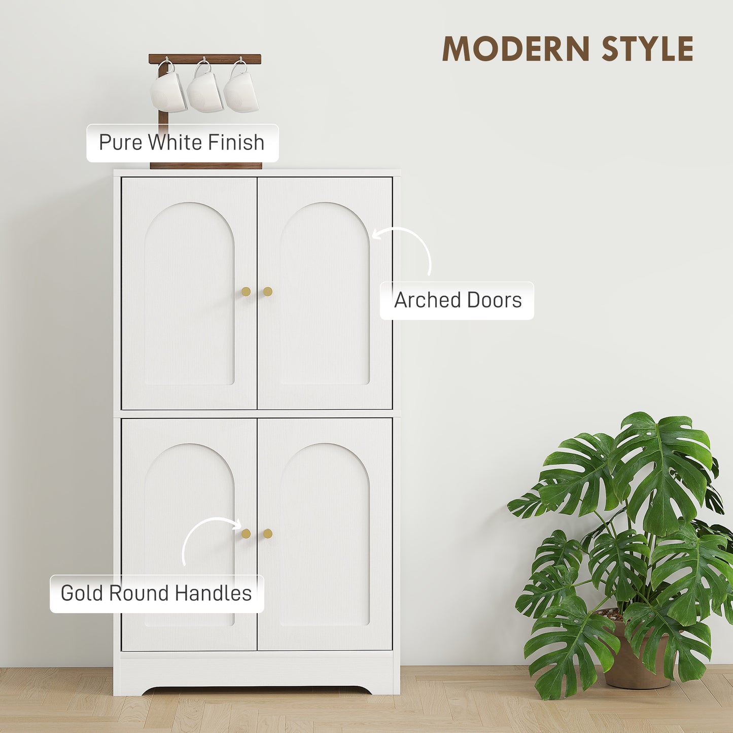 HOMCOM White 4 Door Kitchen Storage Cabinet With Adjustable Shelves Arched Door Panels And Gold Tone Handles
