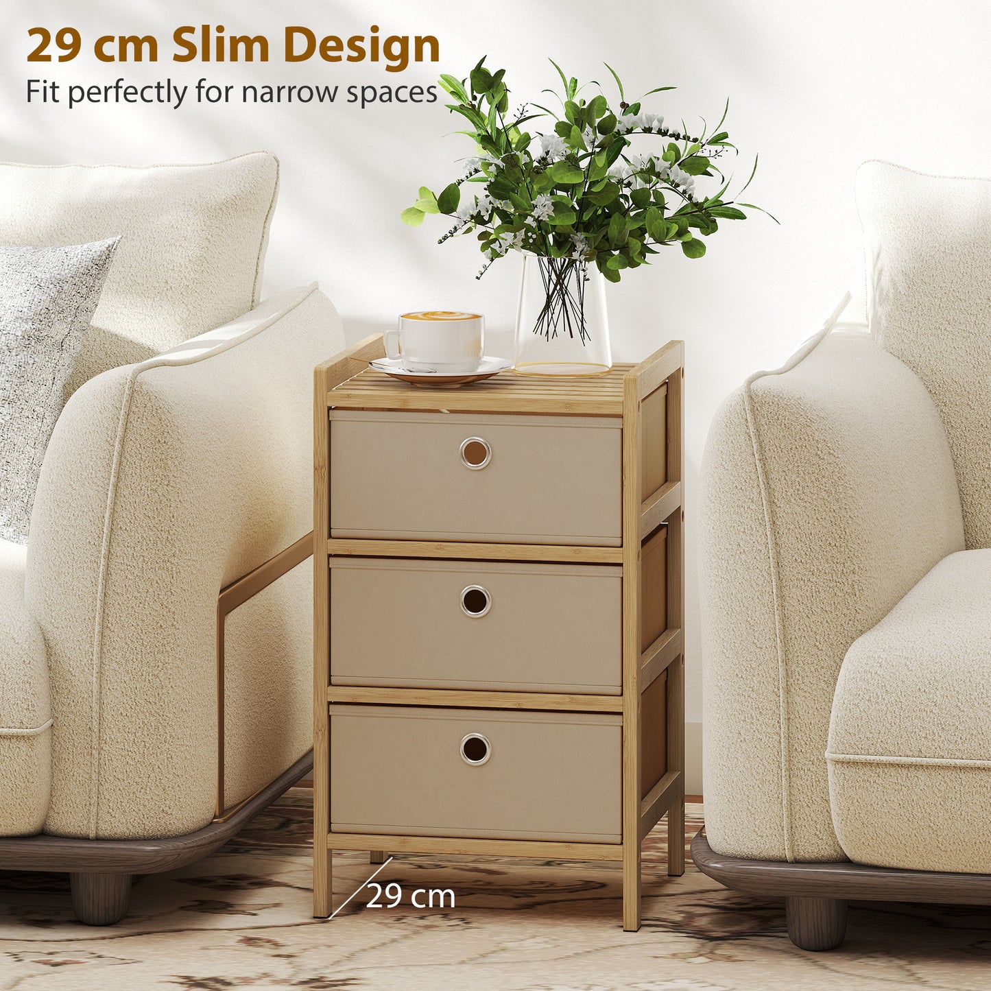HOMCOM Narrow Chest Of Drawers With Bamboo Frame And 3 Fabric Drawers In Cream White