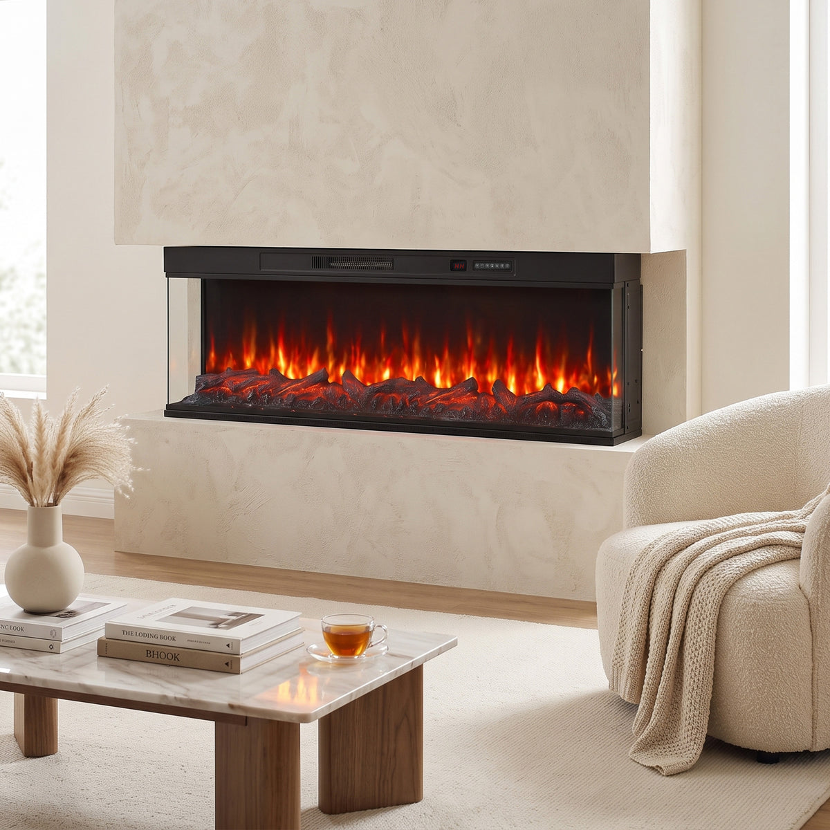 Built-in electric fireplace insert with panoramic flame view and black front frame