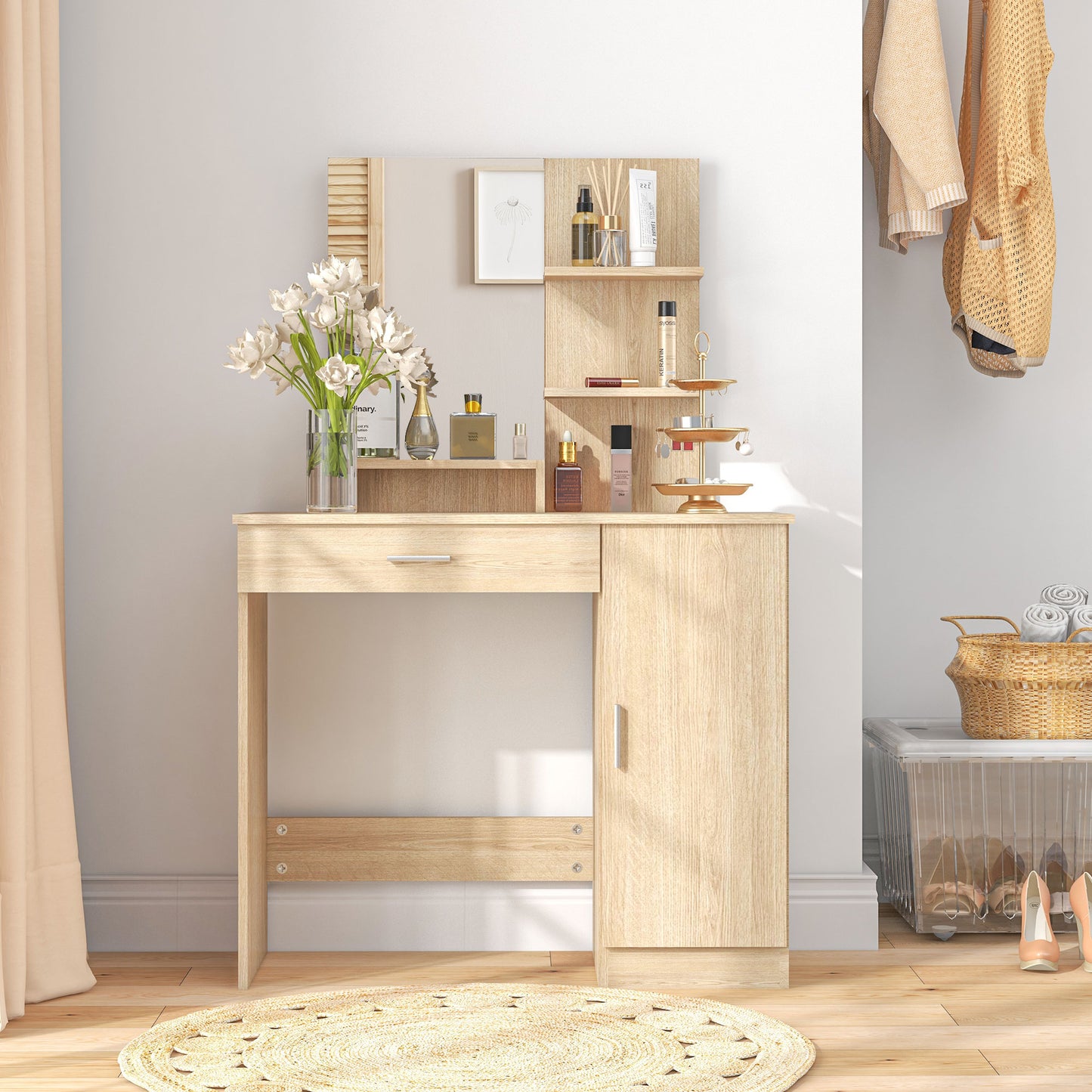 HOMCOM Contemporary Maple Wood-effect Vanity Table with Ample Storage and Mirror - ALL4U RETAILER LTD