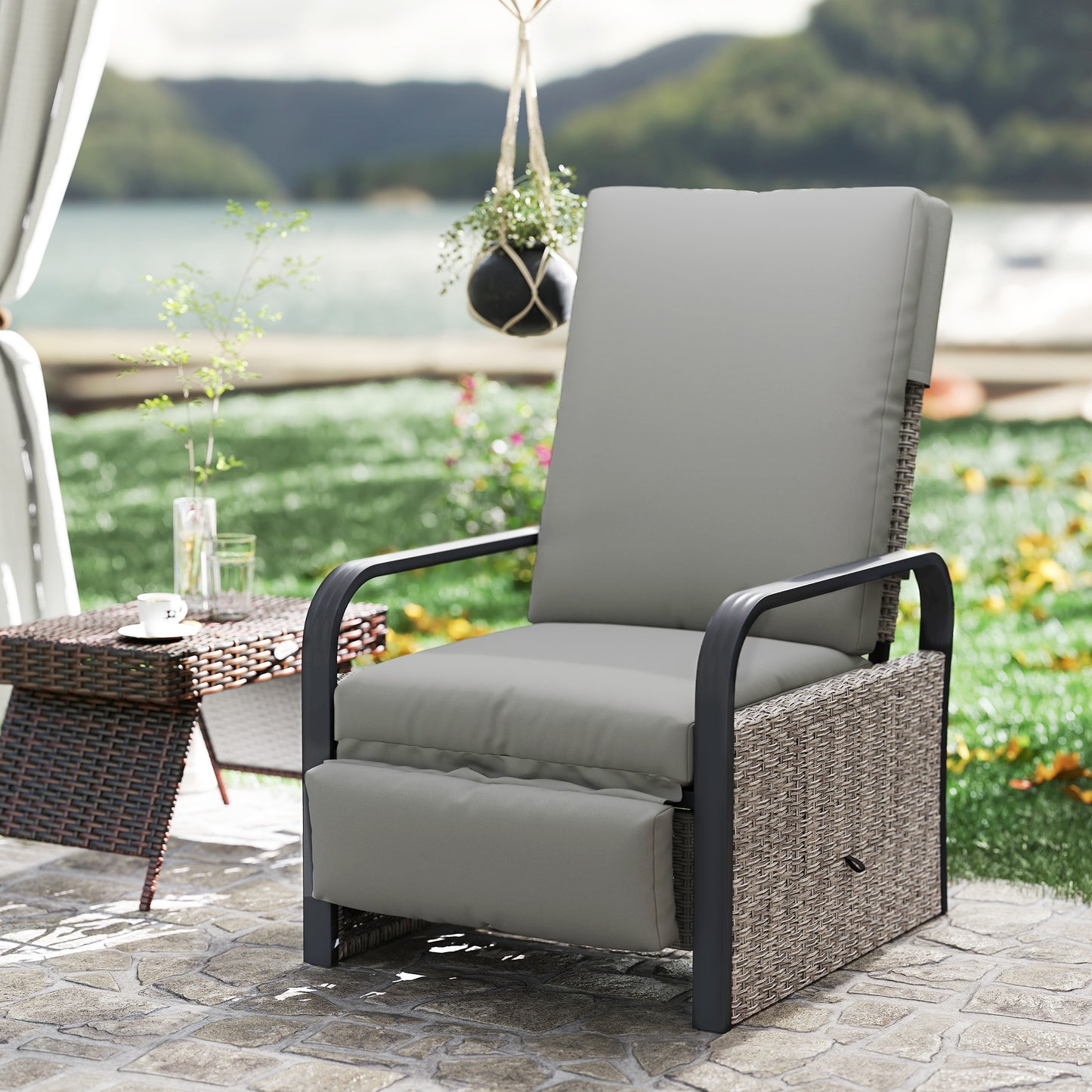 Outsunny 140 Degree Reclining Rattan Armchair With Adjustable Back And Footrest In Mixed Grey Cushioned Lounge Chair