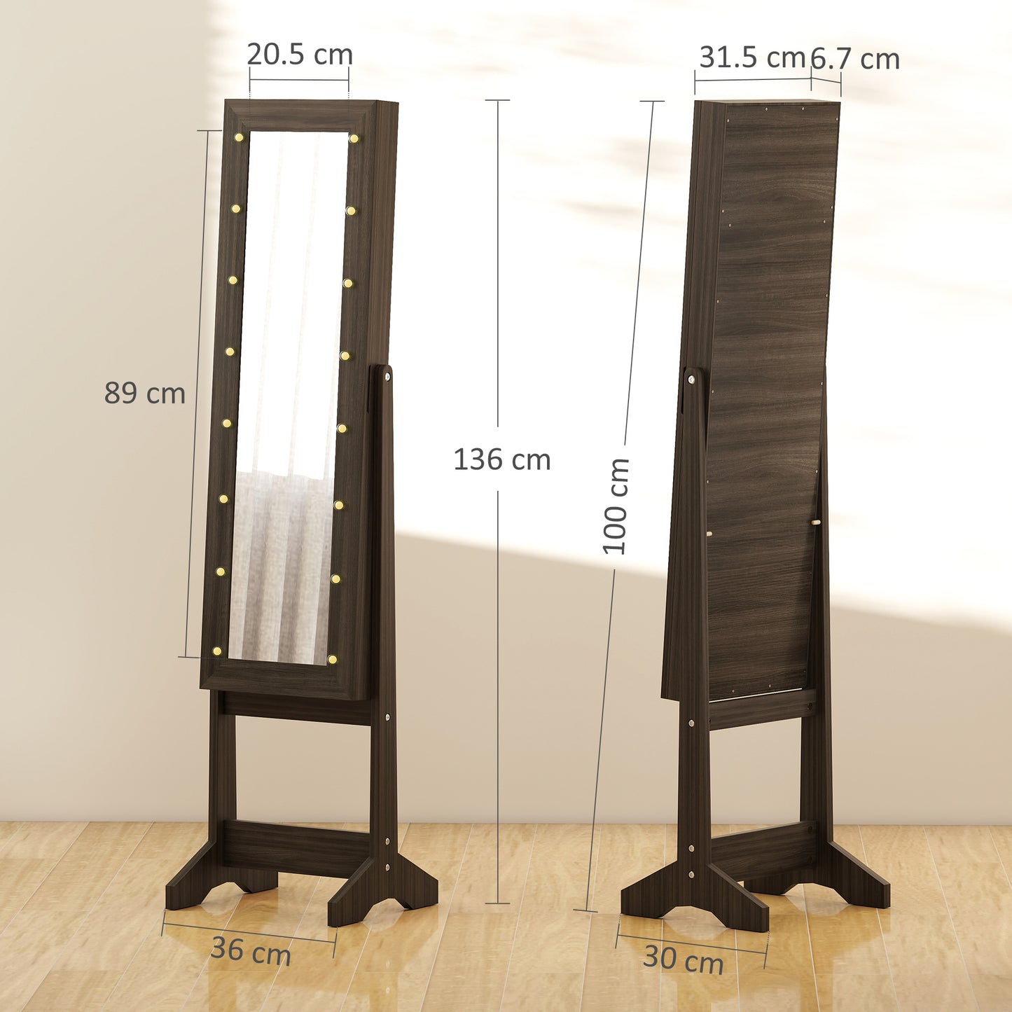 HOMCOM Freestanding Mirrored Jewellery Storage Cabinet With LED Lights And 70 Ring Slots 32 Earring Slots Dark Brown