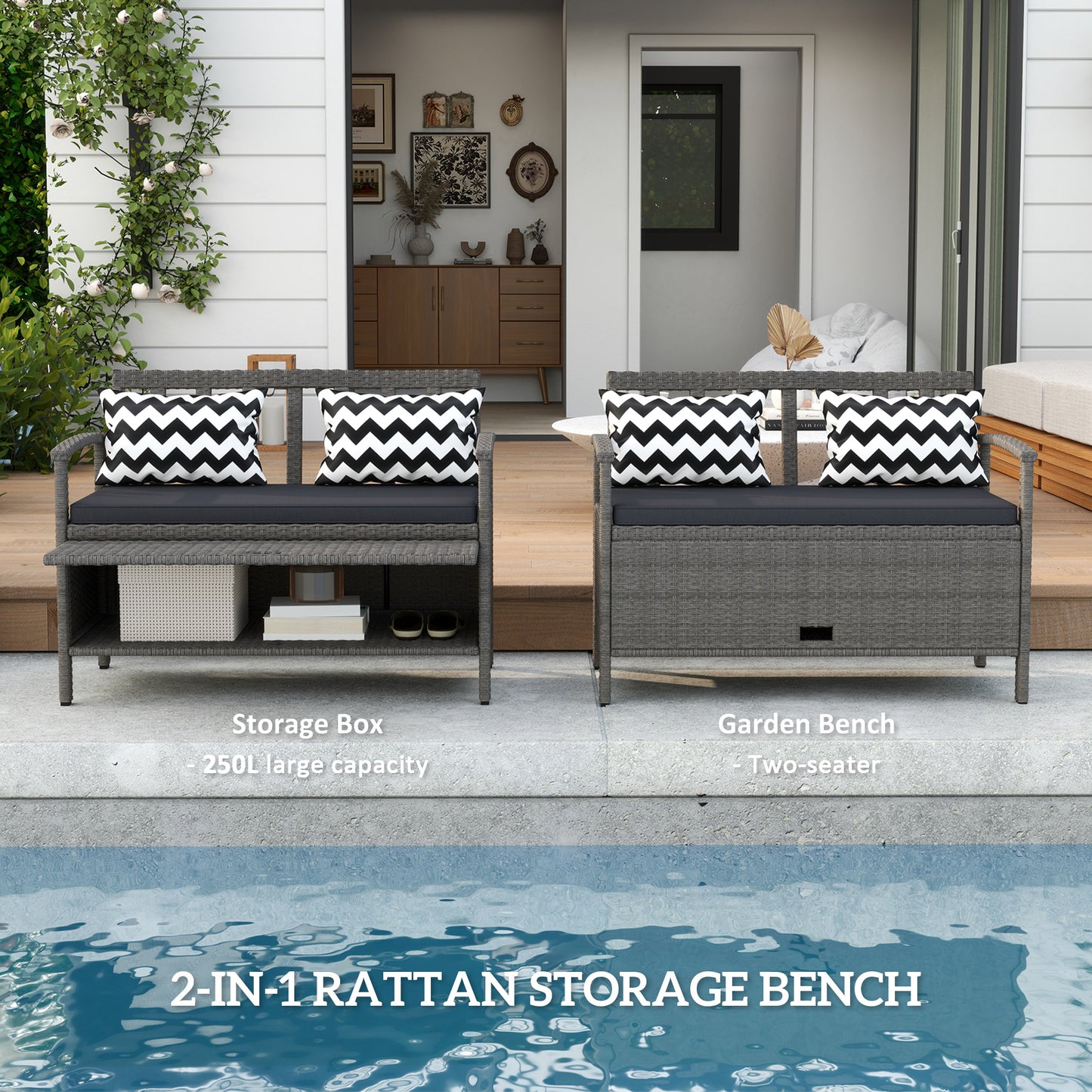 Outsunny 160L Storage Two Seater Rattan Bench Grey Outdoor Garden Patio Furniture With Under Seat Storage