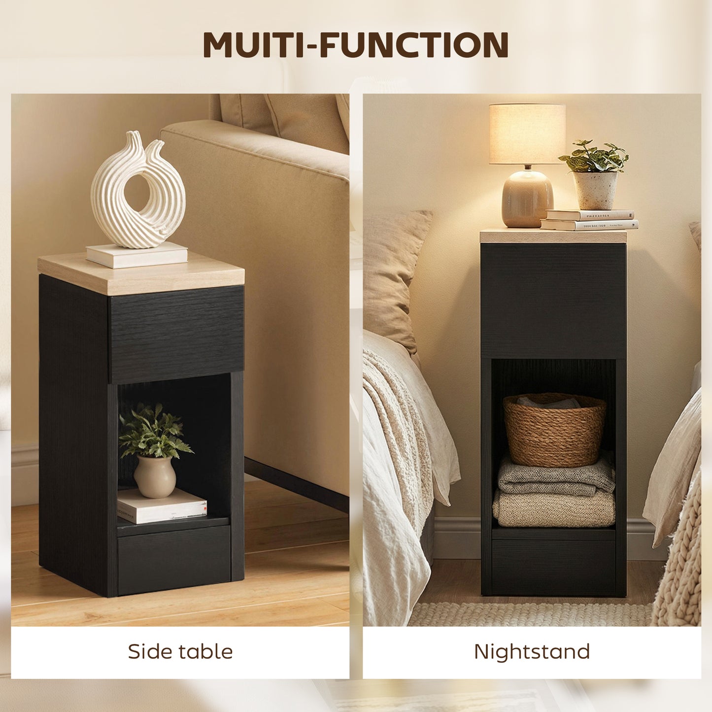 HOMCOM Set Of Two Modern Black Storage Bedside Tables With Wood Effect Tops For Small Spaces