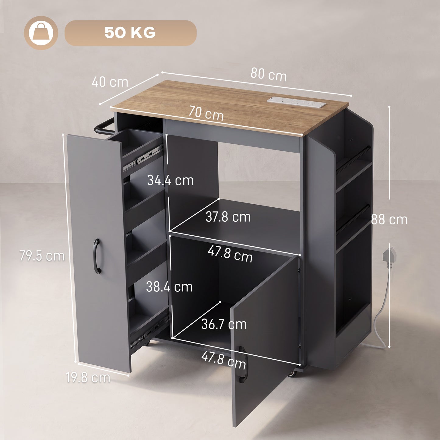 HOMCOM Grey Kitchen Trolley Cart With Power Outlet Drawer