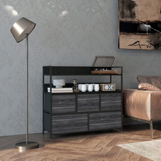 HOMCOM Rustic Chest Of Five Fabric Drawers Black Industrial Storage Solution For Bedroom