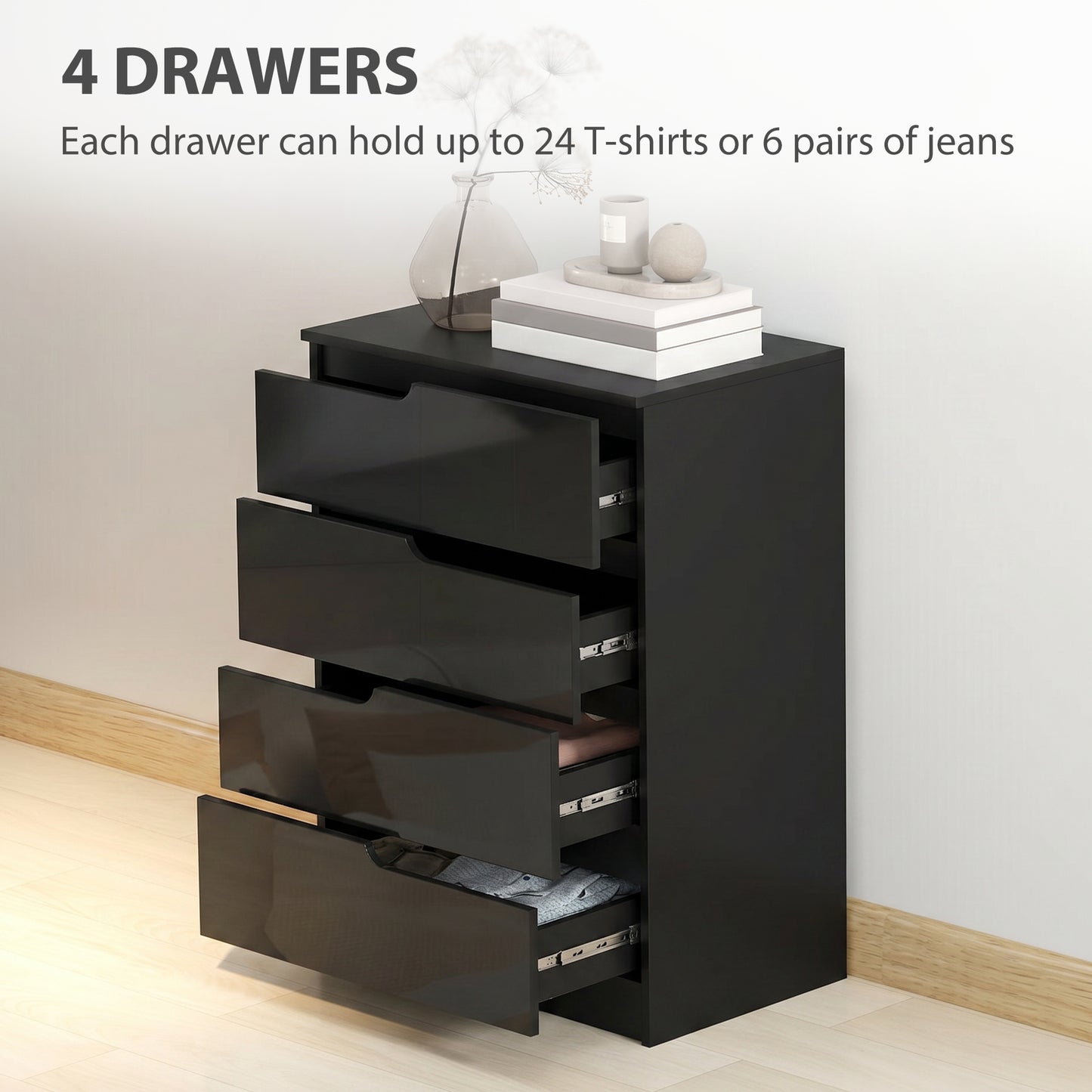 HOMCOM Four Drawer Chest With High Gloss Front Drawers In Black For Modern Bedroom Storage