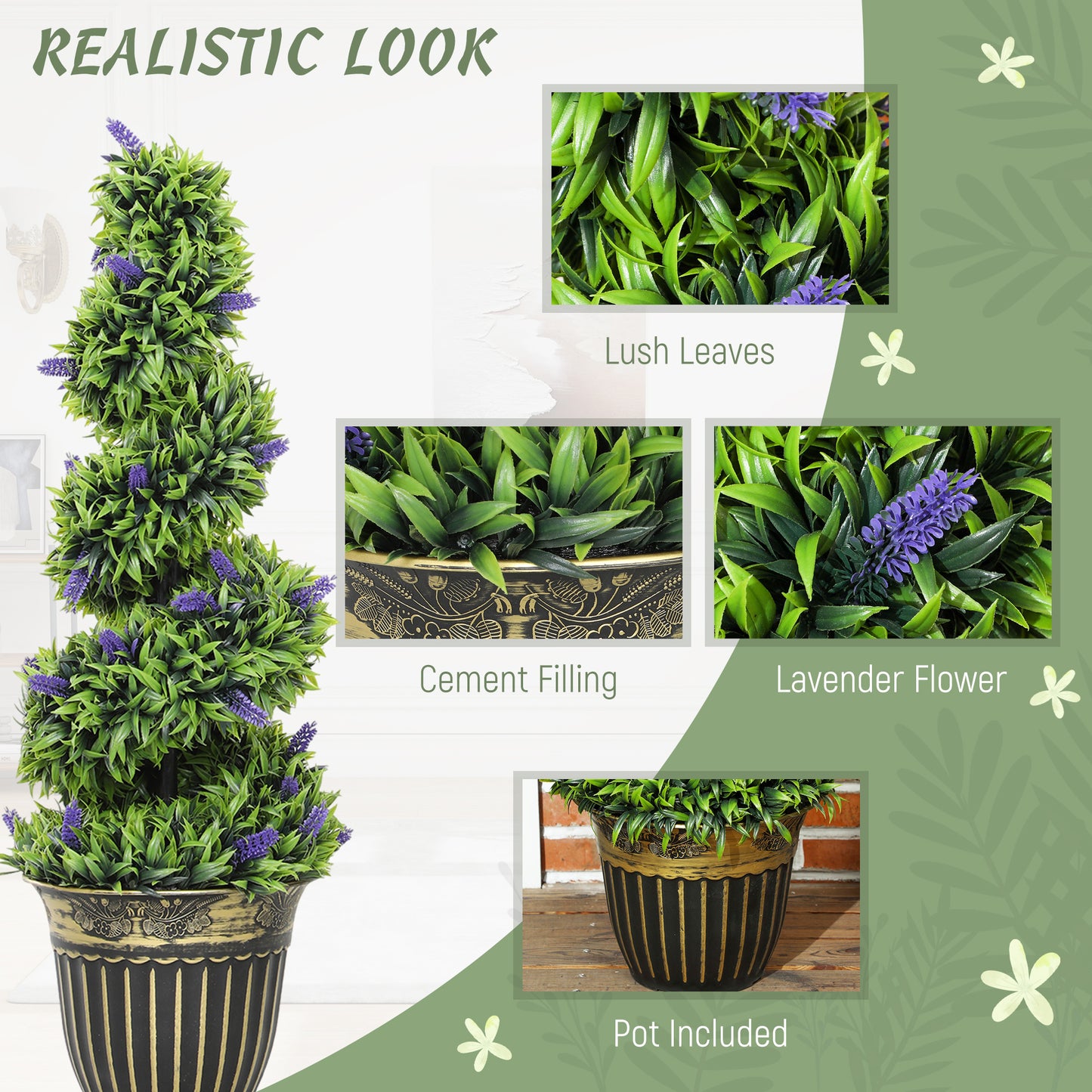 HOMCOM Set Of Two 90cm Artificial Lavender Trees In Black And Gold Weighted Cement Pot