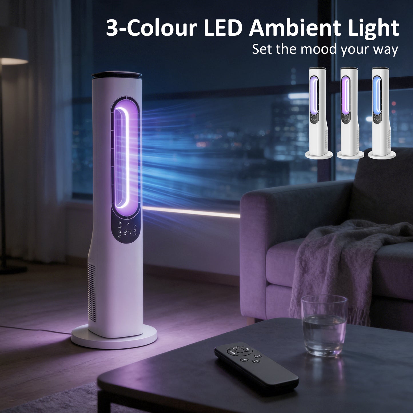 HOMCOM Bladeless Tower Fan Bedroom Quiet 35 dB Sleep Mode 50 Degree Oscillation LED Display 3 Speeds 15 Hour Timer White