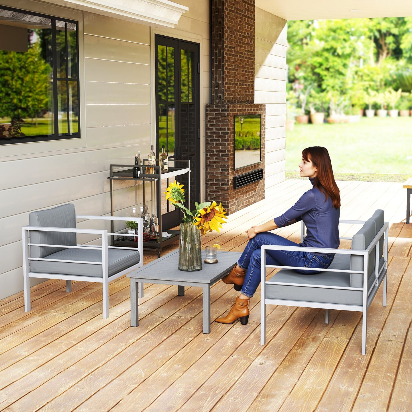 Outsunny 4 Piece Garden Furniture Set Aluminium 4 Seater Sofa with 2 Armchairs Loveseat Coffee Table Charcoal Grey