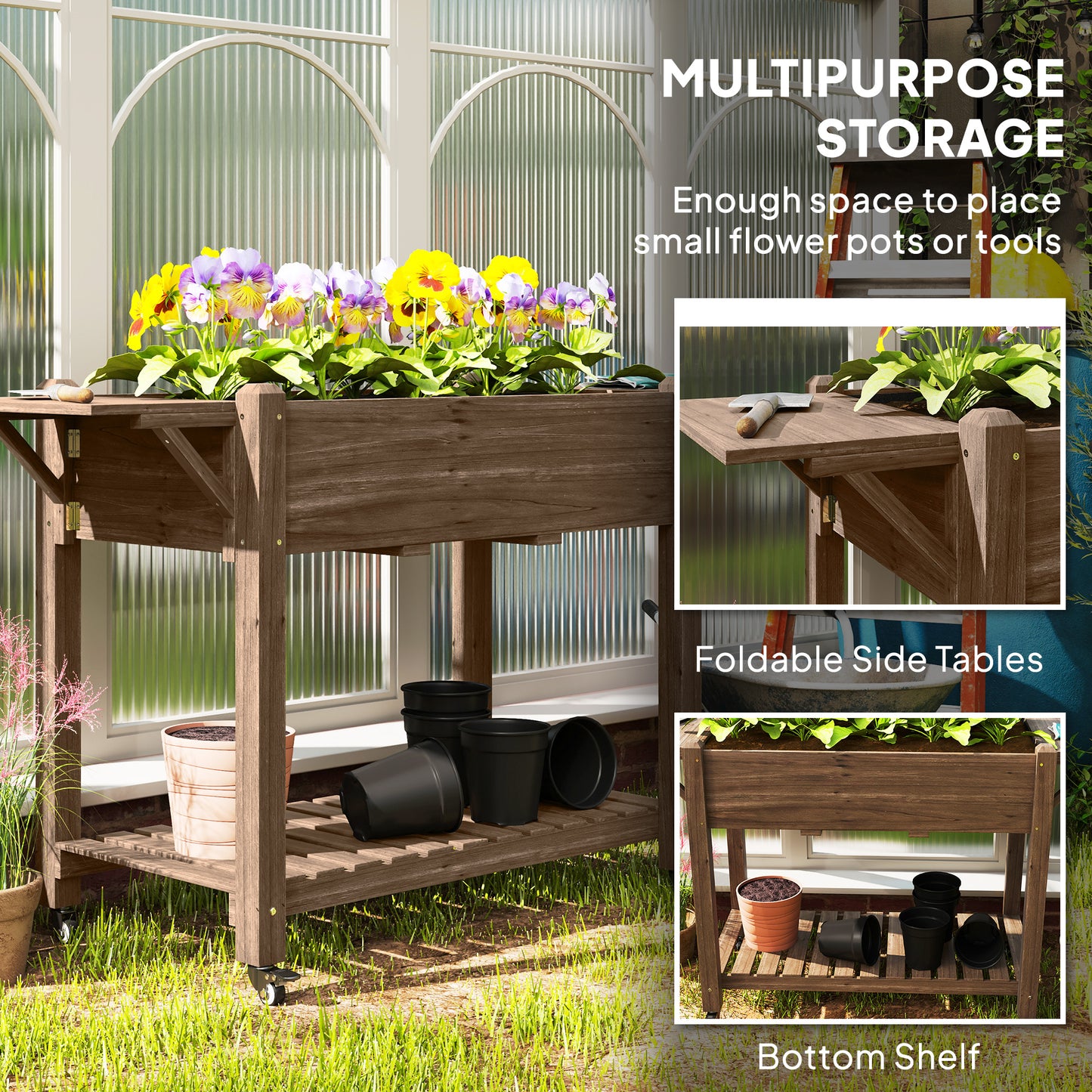 Outsunny 46 x 94 Cm Wooden Raised Planter With Shelves Carbonised Finish For Garden