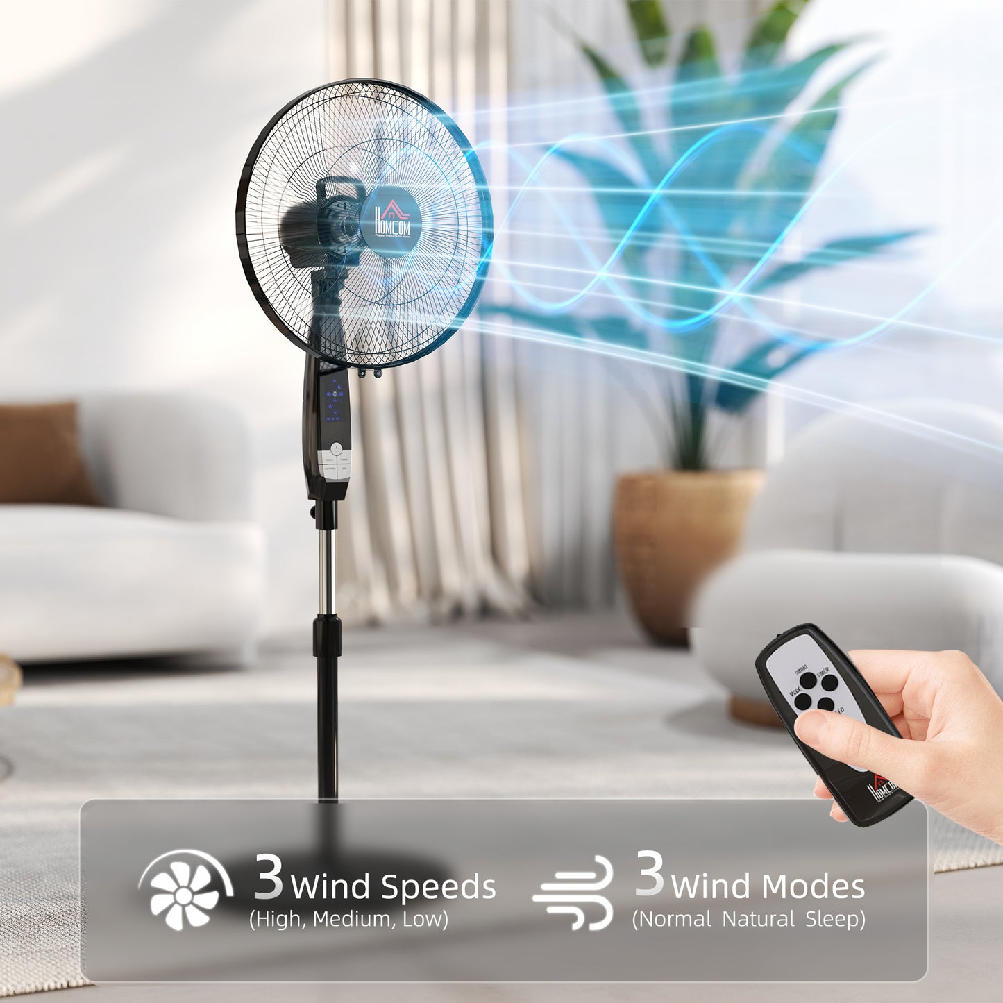HOMCOM 16 Inch Pedestal Standing Floor Fan with Remote Control 85 Degree Oscillation Black
