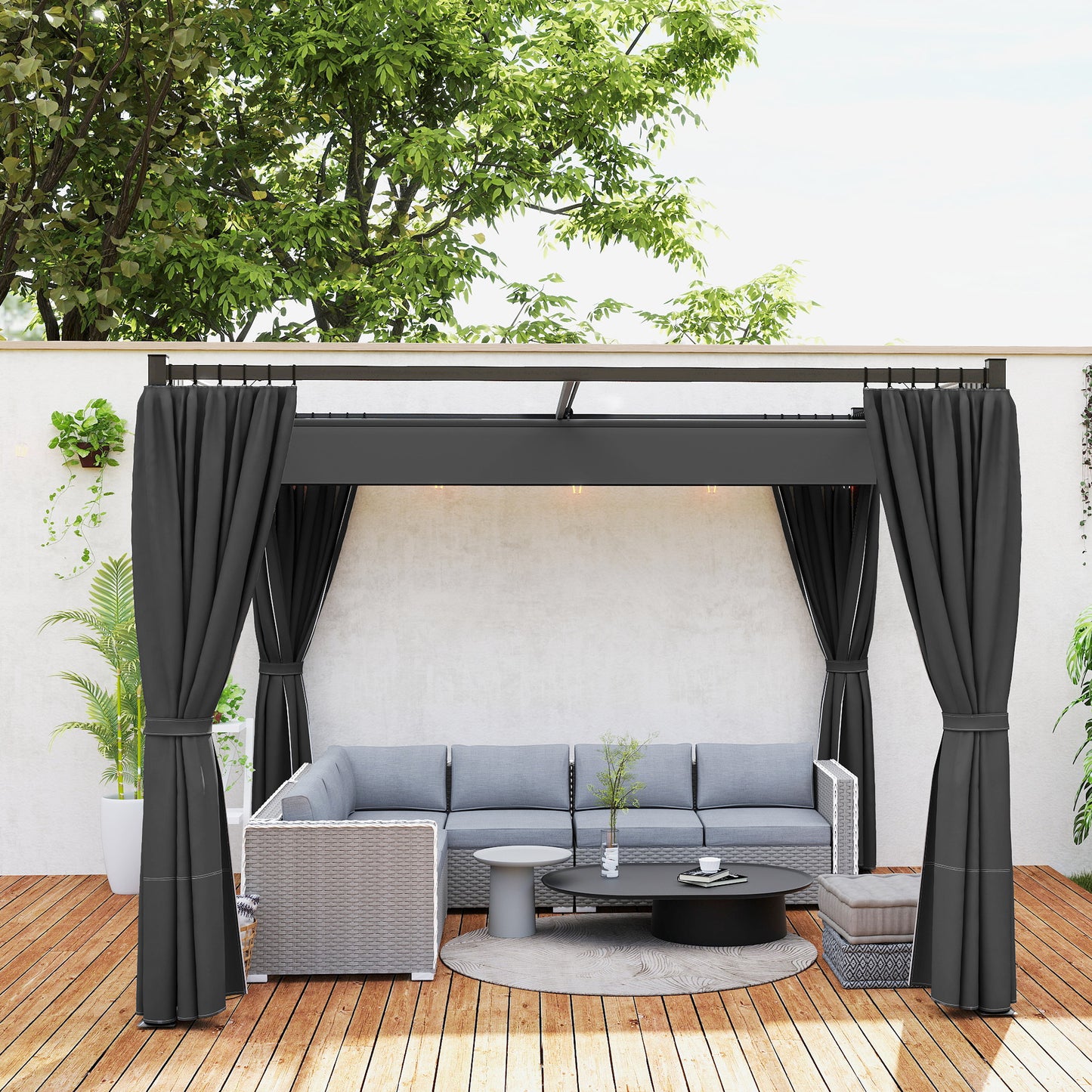 Outsunny 3x3 Meter Retractable Pergola Gazebo With Curtains For Patio Deck Garden Charcoal Grey
