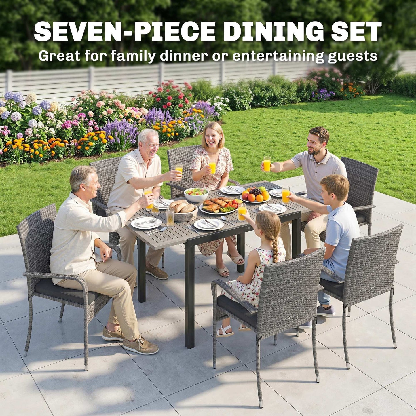 Outsunny 7 Piece Rattan Garden Furniture Set With Extendable Acacia Wood Tabletop 6 Seater Dining And Stackable Chairs
