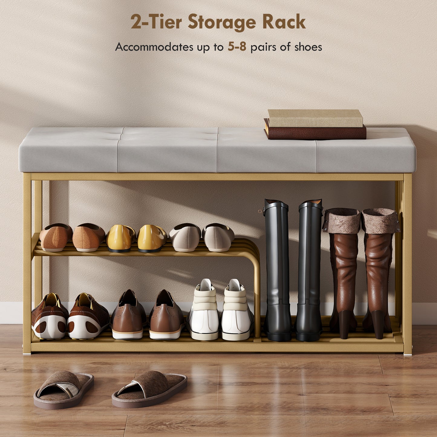 HOMCOM Tufted Velvet Seat Shoe Storage Bench With Gold Steel Frame And Double Tier Storage For Entryway Grey