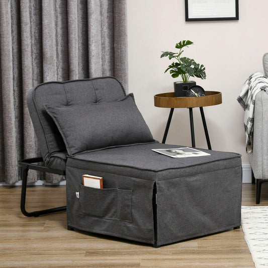HOMCOM Fabric Sleeper Chair, Folding Chair Bed with Adjustable Backrest, Pillow, Side Pockets for Living Room, Charcoal Grey - ALL4U RETAILER LTD