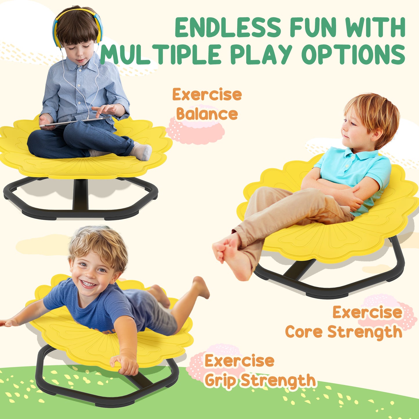 AIYAPLAY Flower Shaped Sensory Spinning Chair Non Slip Base for Balance and Coordination Yellow