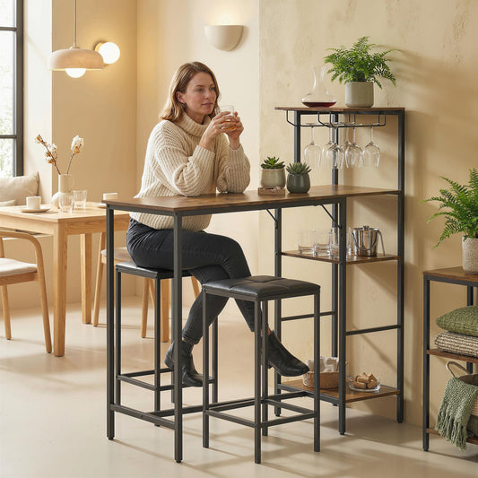 HOMCOM 3 Piece Breakfast Bar Table And Stools Set In Rustic Brown With 4 Tier Shelving And Wine Glass Racks