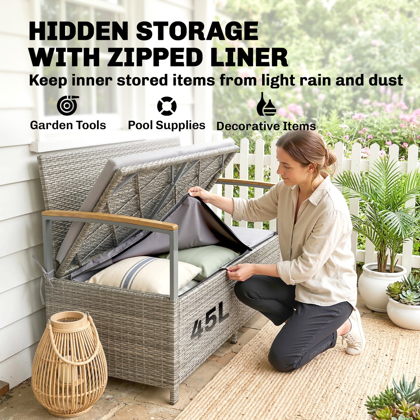 Outsunny 170 L Garden Storage Bench Zipped Liner 2 Seater Rattan With Gas Strut Cushion Light Grey