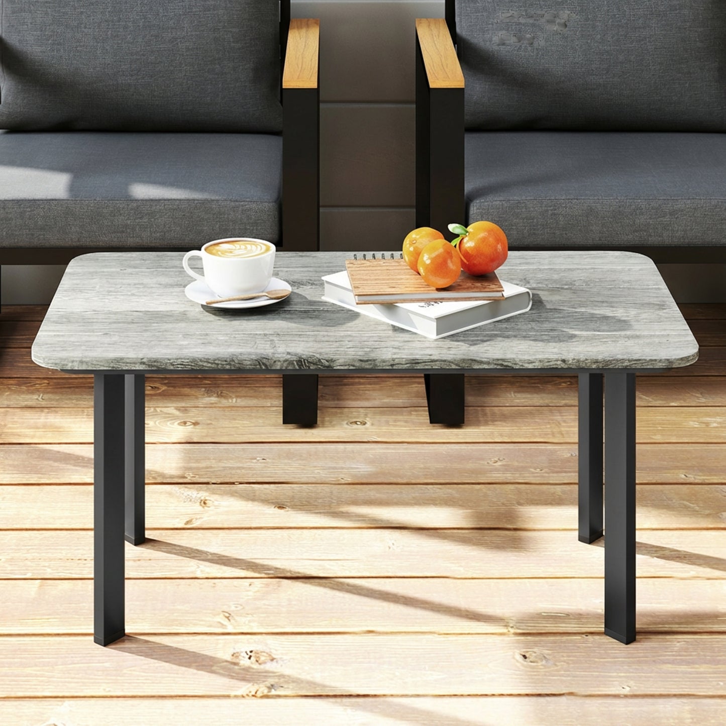 Outsunny Outdoor Garden Coffee Table With Slatted Wood Plastic Composite Top And Metal Frame Grey