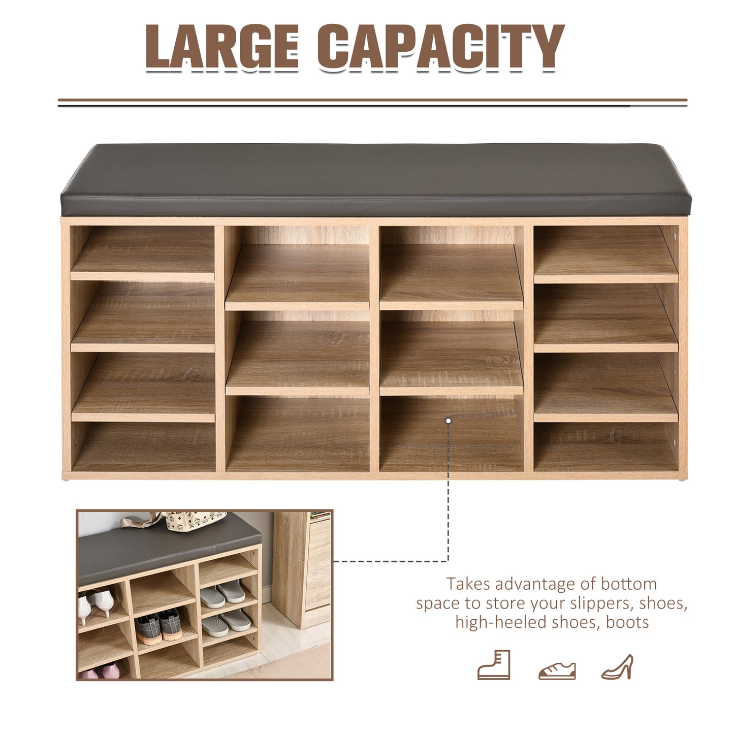 HOMCOM Versatile Shoe Storage Organizer with 14 Compartments and Cushioned Top - Ideal for Home and Office Use - Sturdy Brown Design - ALL4U RETAILER LTD