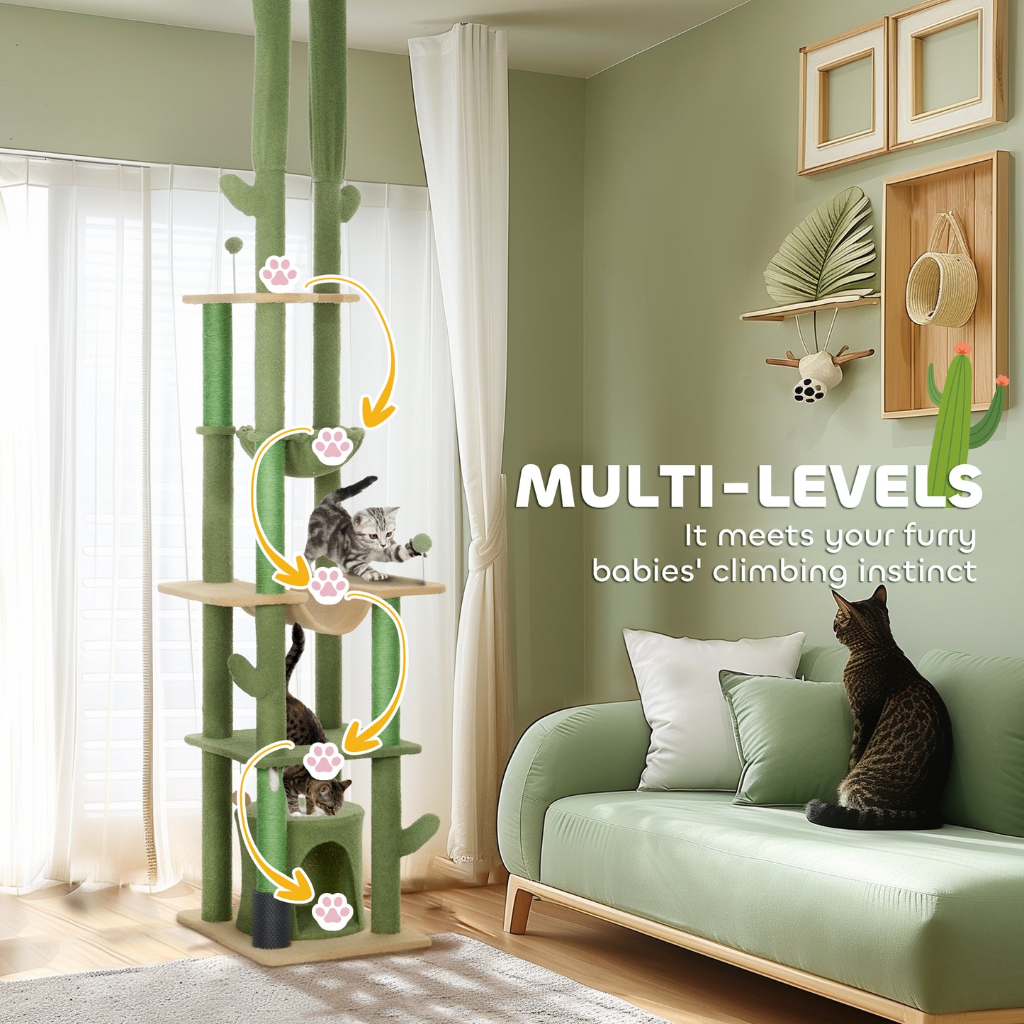 PawHut Adjustable Green Cat Tower: Floor to Ceiling Cat Tree with Hammocks & Scratching Posts for Indoor Use