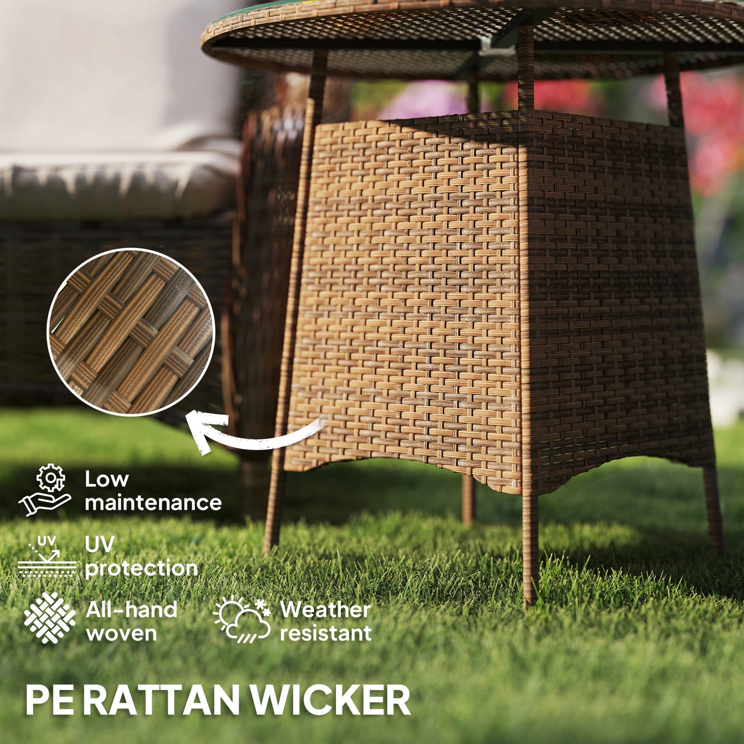 Outsunny Wicker Garden Rattan Coffee Table With Umbrella Hole And Tempered Glass Top Brown Outdoor Patio Furniture