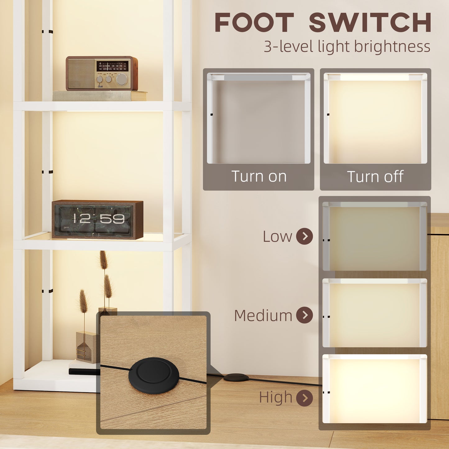 HOMCOM White Four Shelf Floor Lamp With Tempered Glass Shelves And Adjustable Warm White LEDs