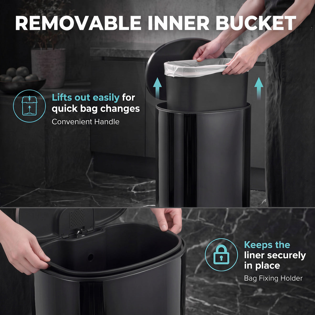Kitchen pedal bin with removable inner bucket lifted out for easy bag changes