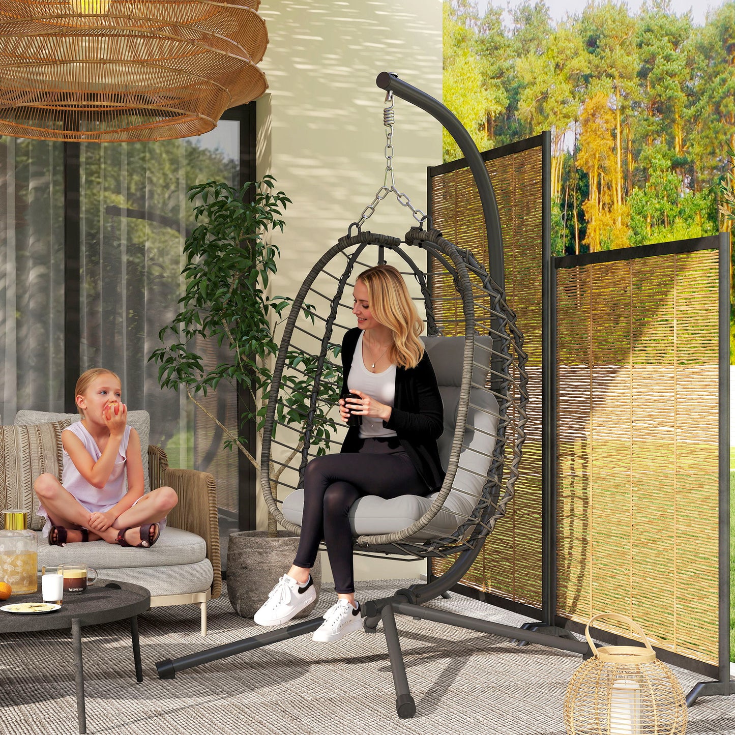 Outsunny Rattan Egg Chair With Stand Cushion Foldable Wicker Swing Adjustable Height Head Pillow Steel Frame Light Grey