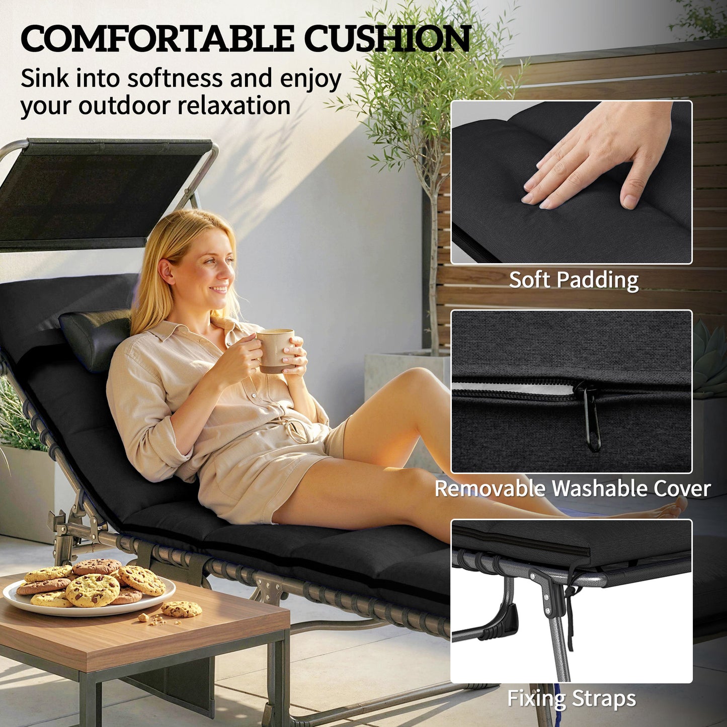 Outsunny Folding Sun Loungers Set of 2 with Canopy, Reclining Sunbeds, Cushions, Side Pockets, Carrying Handles, Black