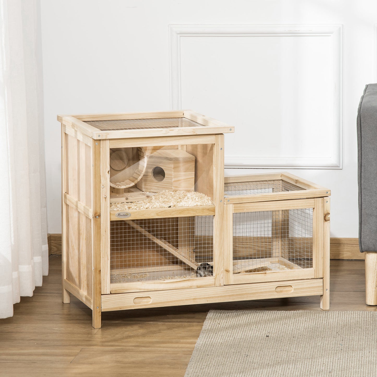 PawHut 2-Tier Wooden Hamster Habitat with Exercise Wheel and Easy-Clean Sliding Tray - ALL4U RETAILER LTD