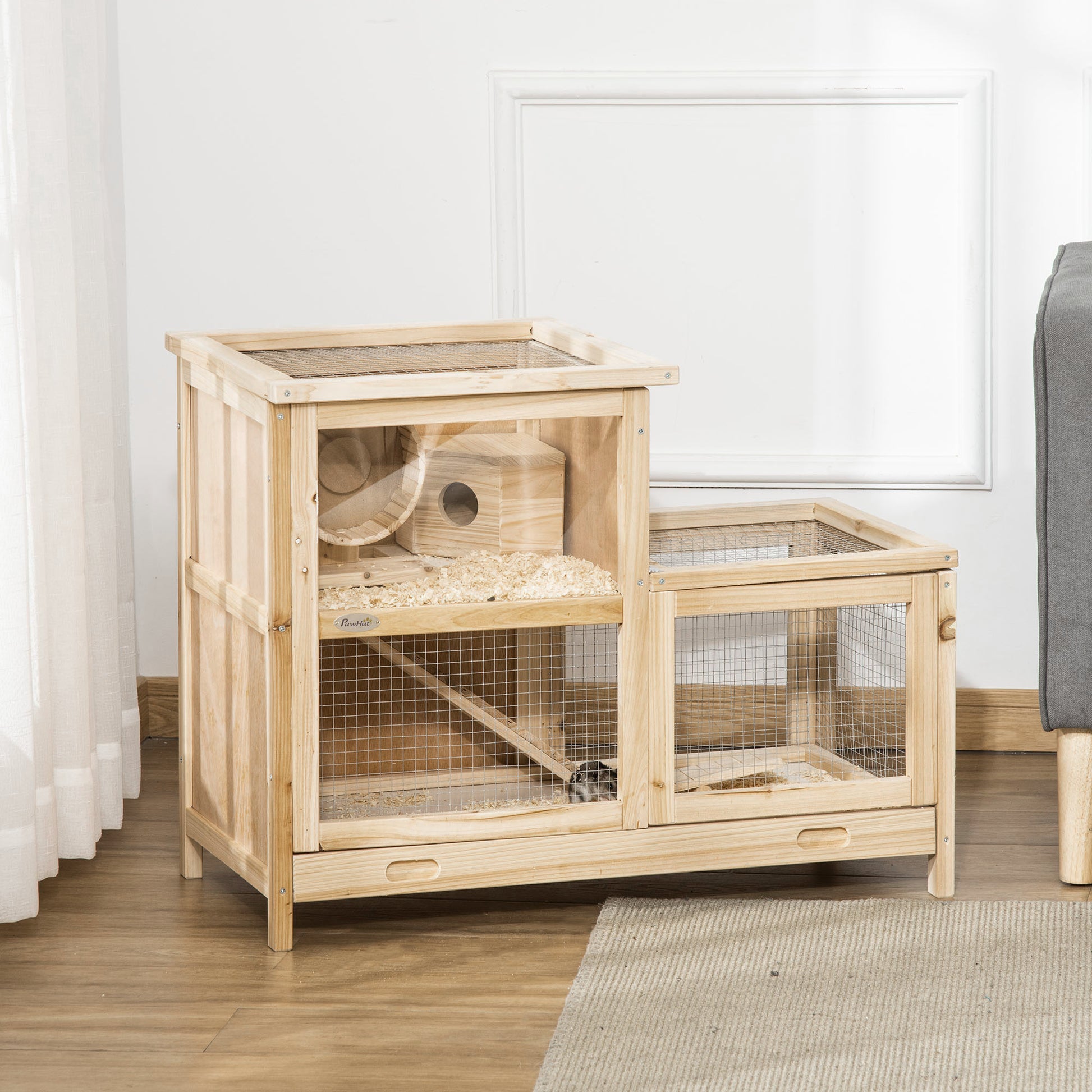 PawHut 2-Tier Wooden Hamster Habitat with Exercise Wheel and Easy-Clean Sliding Tray - ALL4U RETAILER LTD