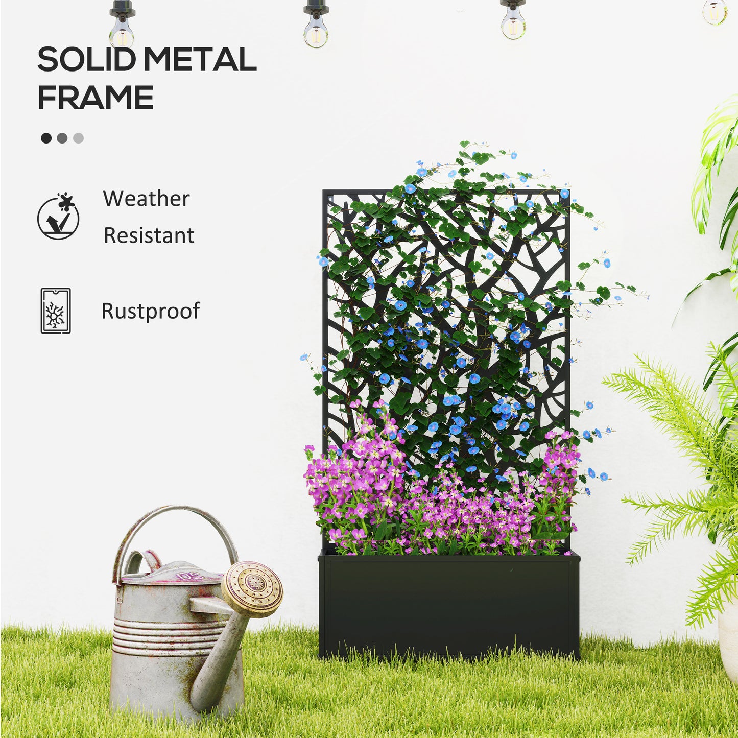 Outsunny Outdoor Metal Planter With Back Trellis Black Garden Box 23x58cm For Climbing Vines Holds 32L Soil