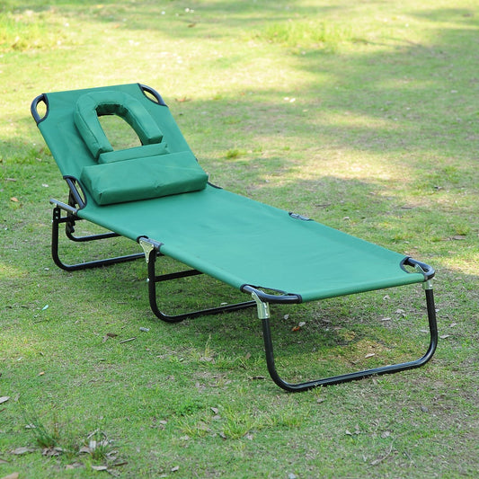 Outsunny Adjustable Reclining Sun Lounger with Padded Face Hole and Pillow for Outdoor Relaxation - Dark Green - ALL4U RETAILER LTD