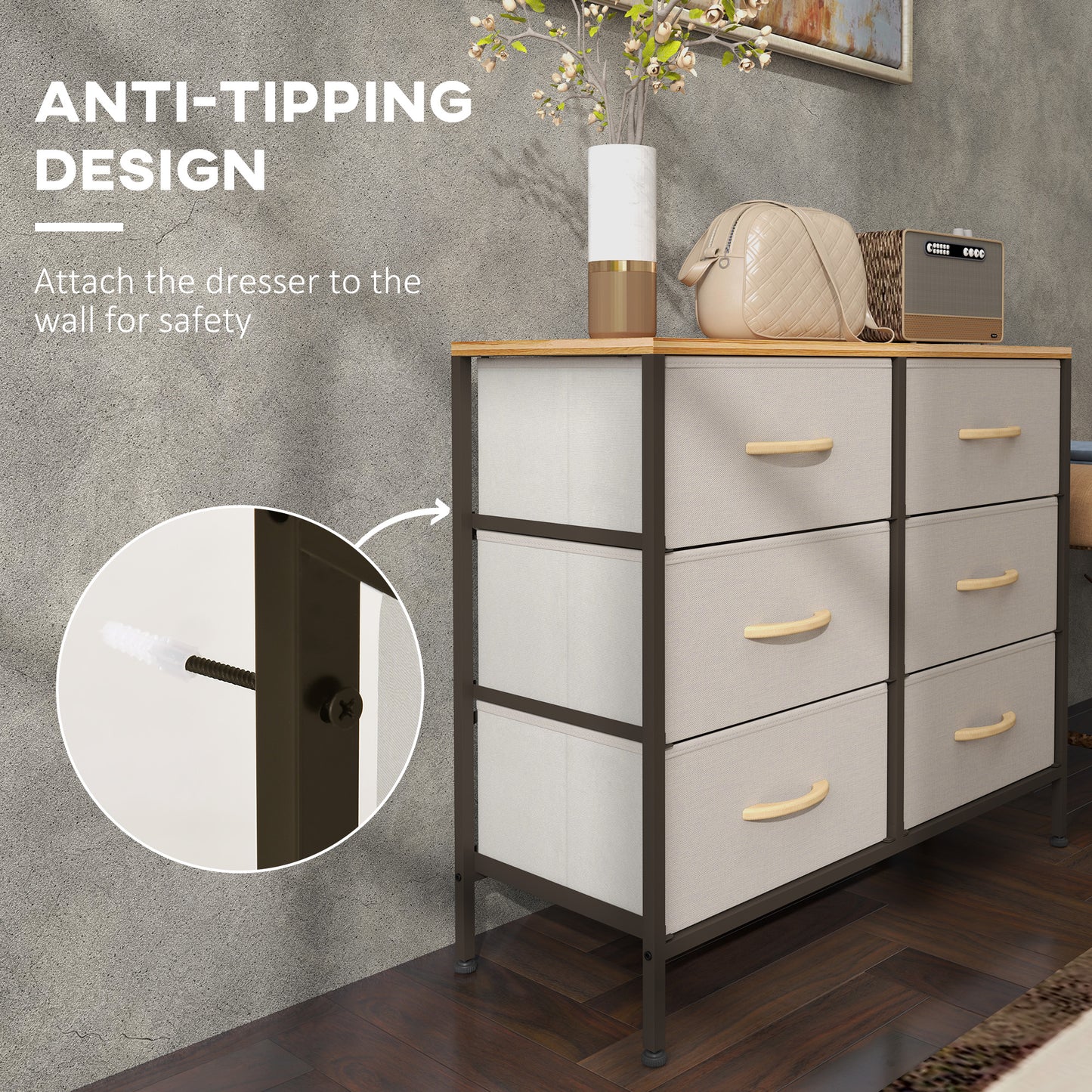HOMCOM Fabric Chest With 6 Drawers Steel Frame Wooden Top Cream White For Nursery Living Room Hallway