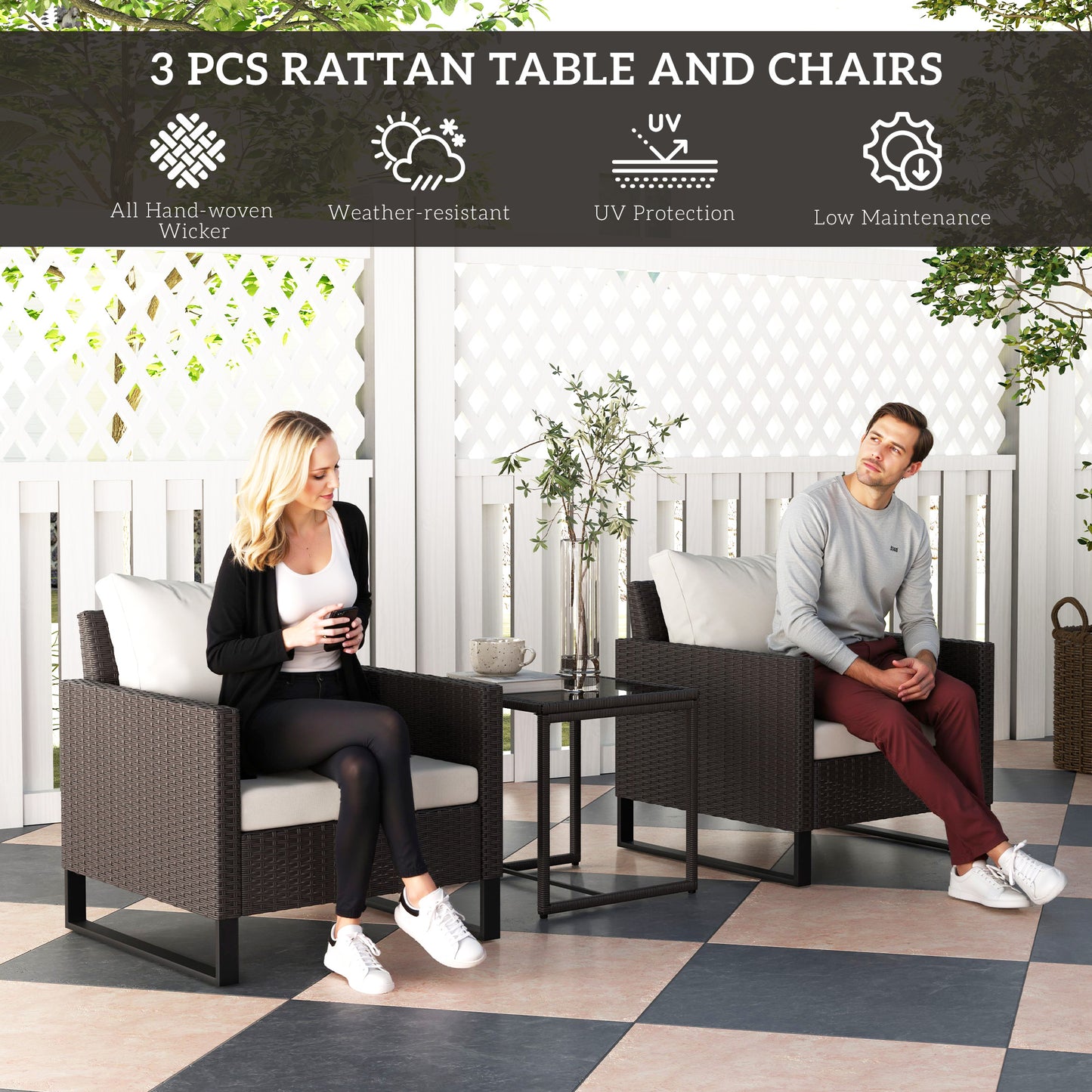 Outsunny 3 Piece Rattan Bistro Set With Glass Top Table And 4 Cushions For Outdoor Patio Balcony Garden Brown