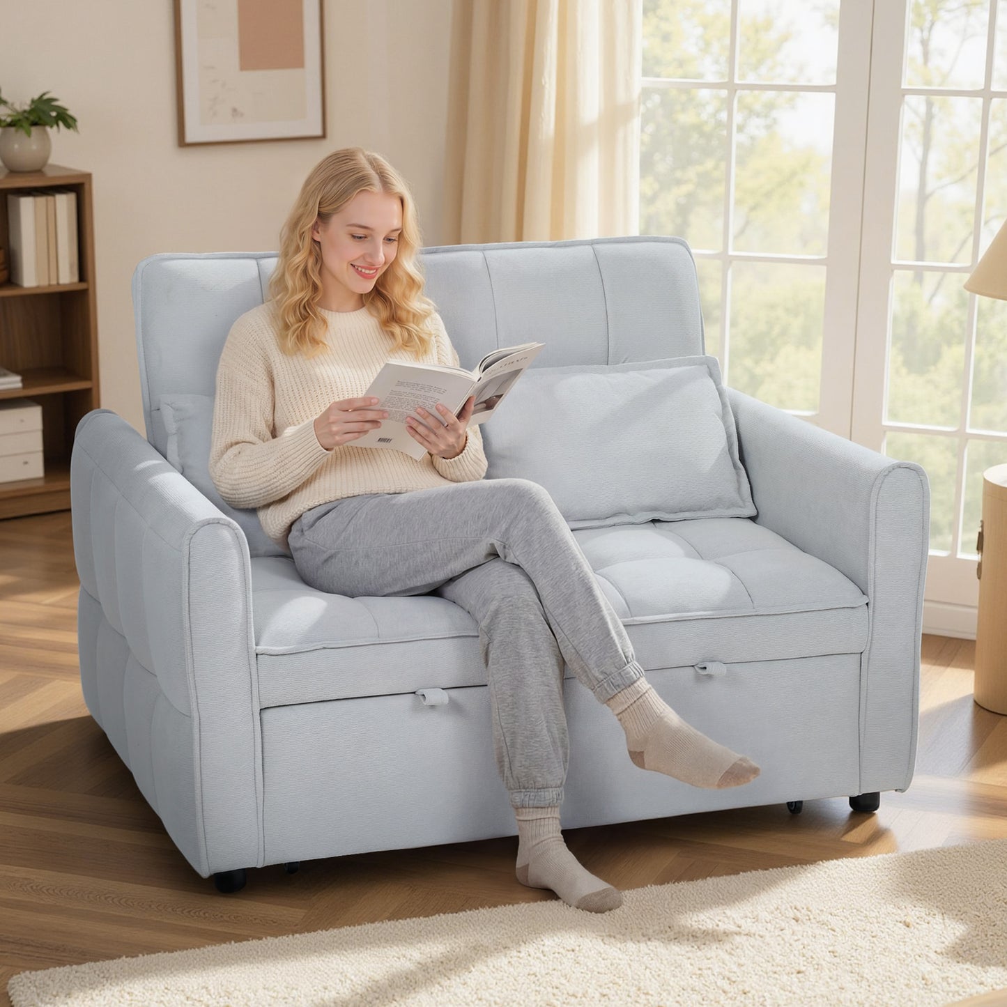 HOMCOM 2 Seater Sofa Bed 3 In 1 Convertible Sleeper With Adjustable Backrest Click Clack And Two Pillows Light Grey