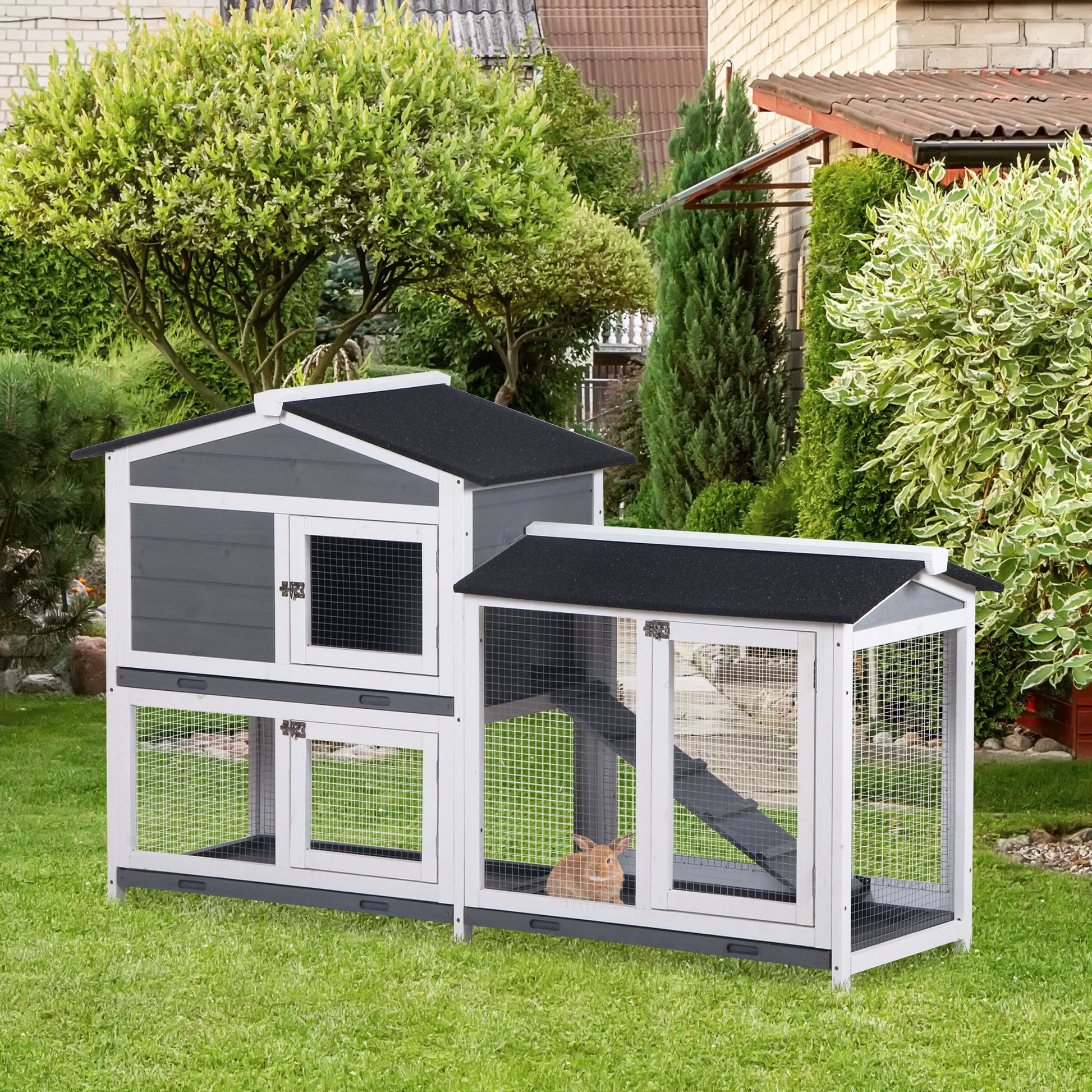 PawHut Deluxe Grey Wooden 2-Tier Rabbit Hutch with Removable Tray and Ramp - ALL4U RETAILER LTD