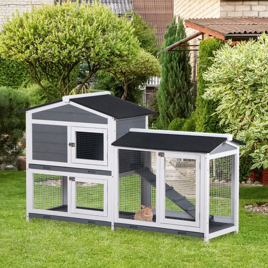PawHut 2-Tier Wooden Rabbit Hutch with Tray and Ramp - Grey Outdoor Small Animal Shelter