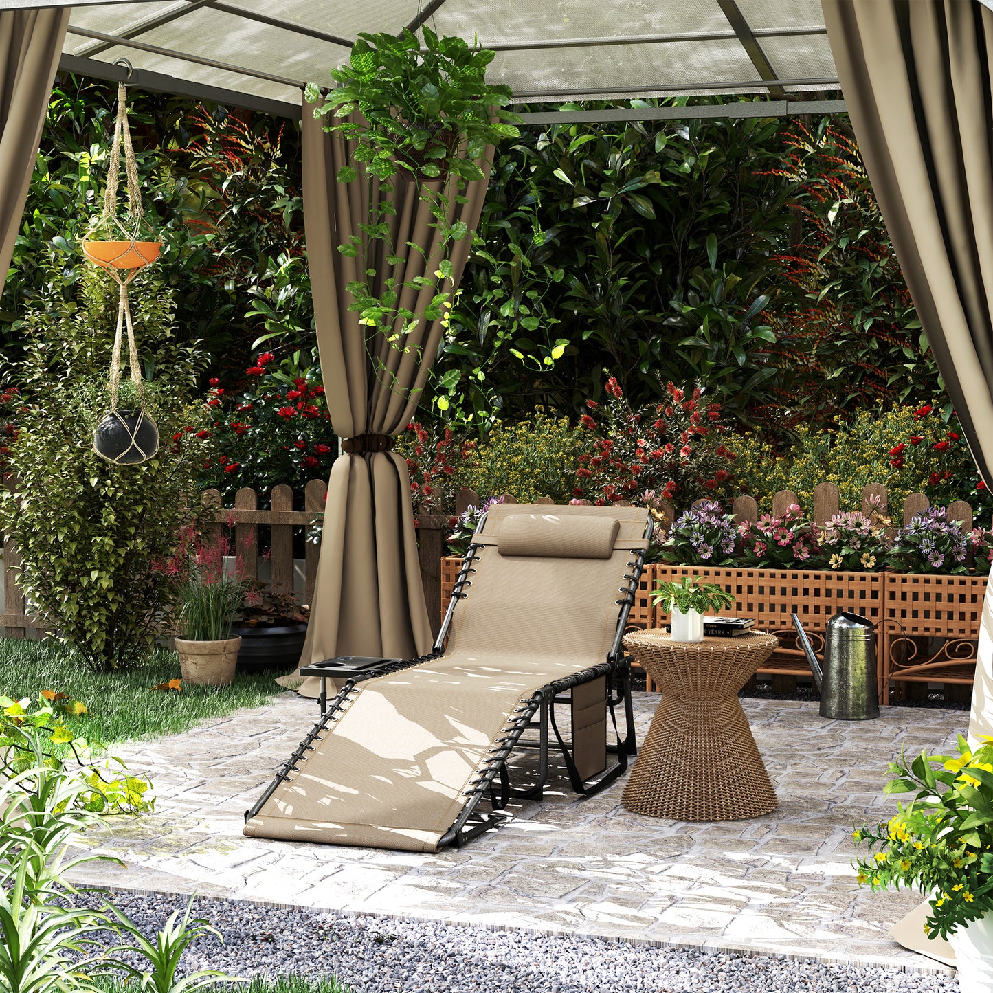 Outsunny Five Position Reclining Sun Lounger Beige With Removable Head Pillow And Powder Coated Steel Frame