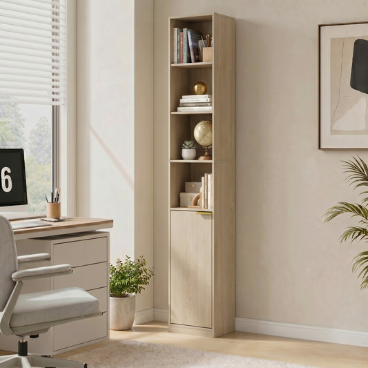 Oak-effect 6-tier bookcase cabinet with open shelves and a closed lower door