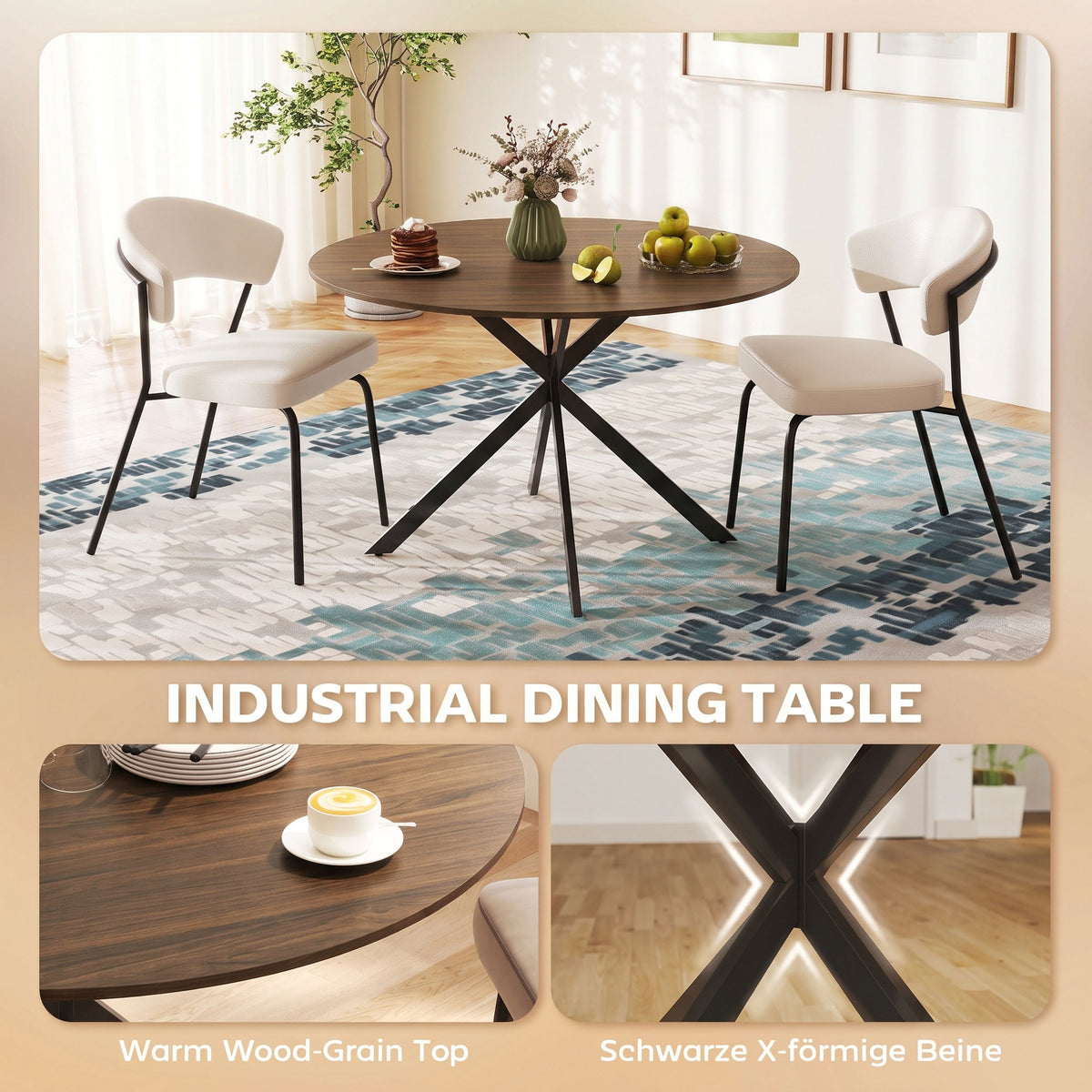 Round dining table with dark brown round top and black X-shaped steel legs.