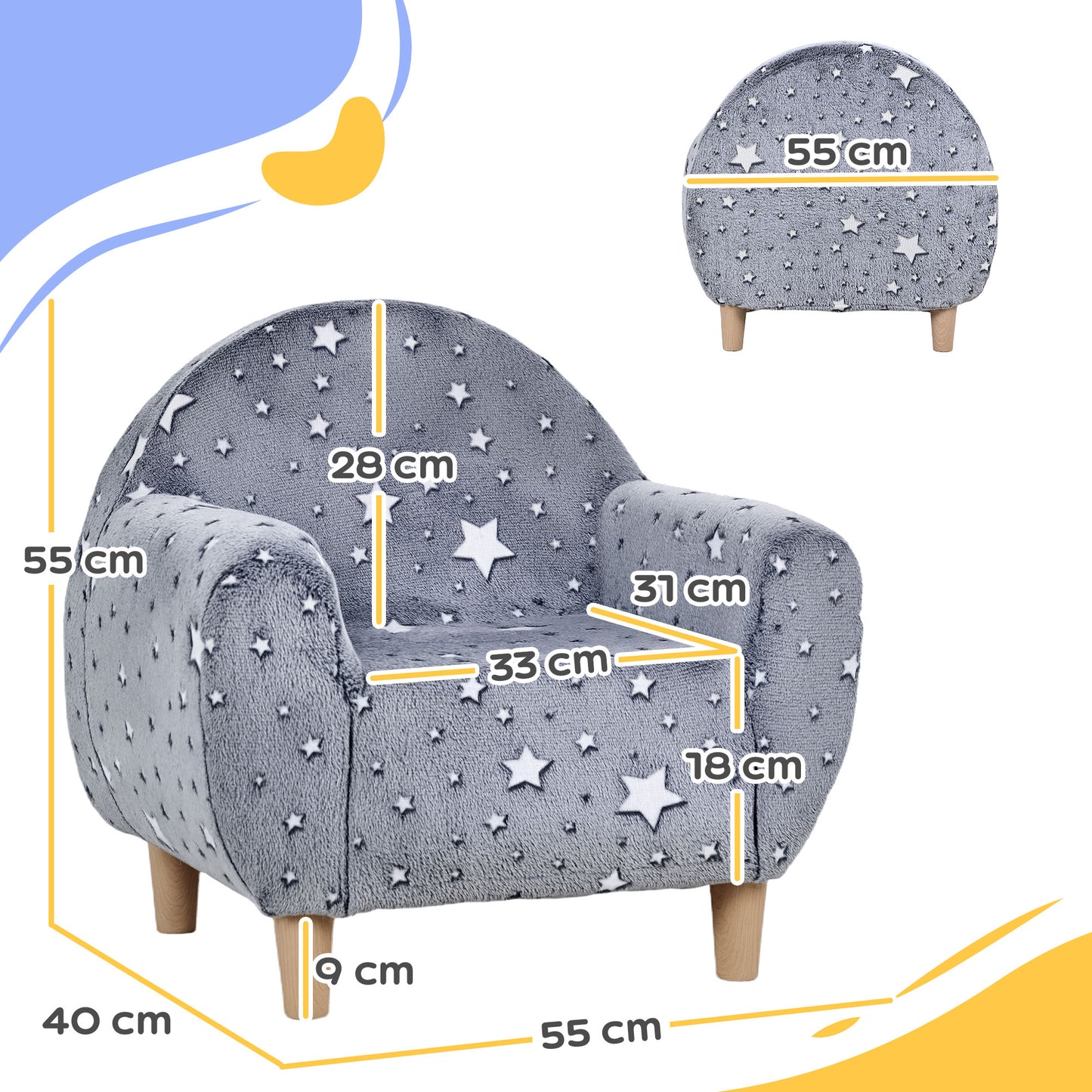 AIYAPLAY Kids Glow In The Dark Armchair With Star Design For Bedroom Playroom Kids Room Grey