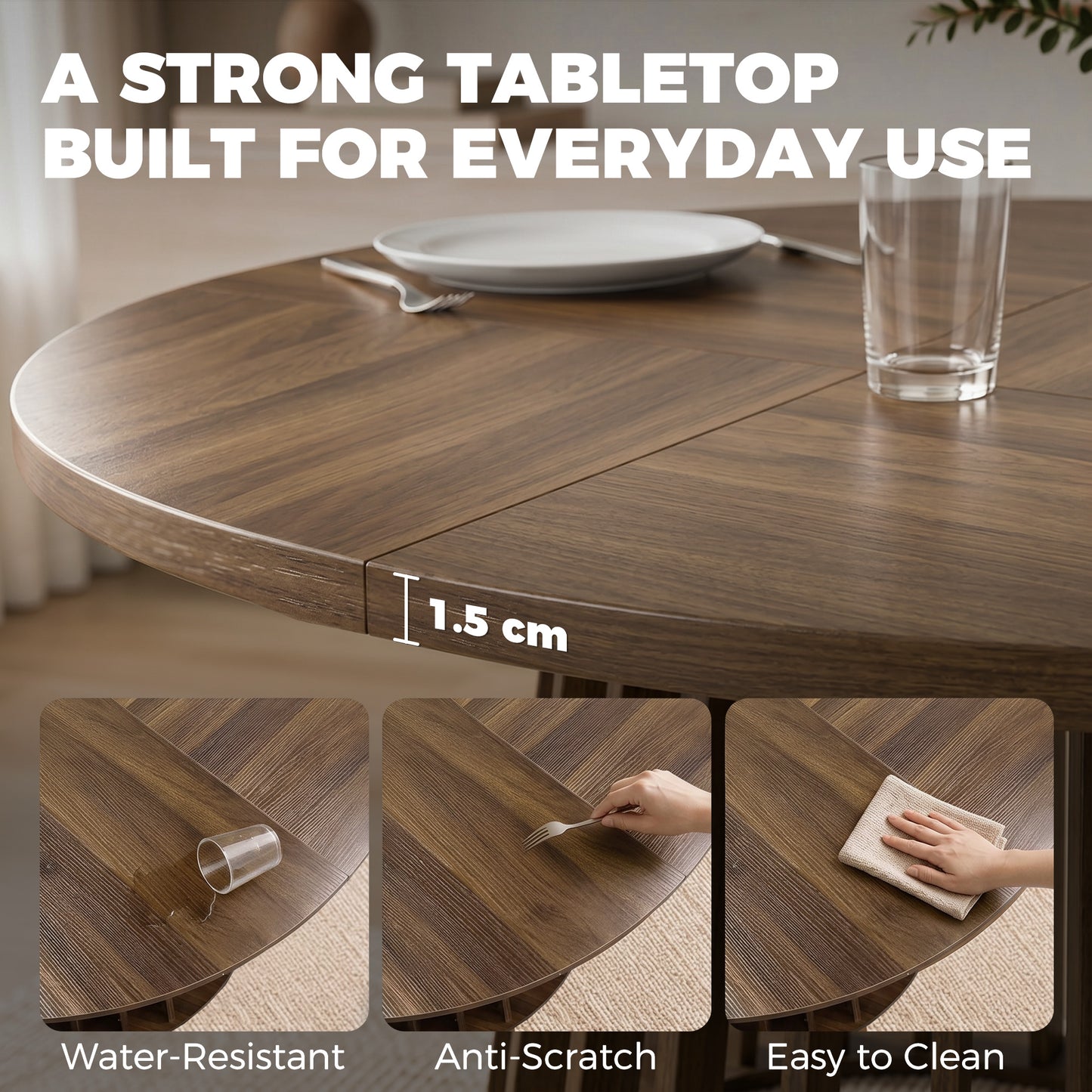 HOMCOM Round Dining Table 120 Cm for 4 To 6 People with Slatted Base Light Walnut Kitchen Table