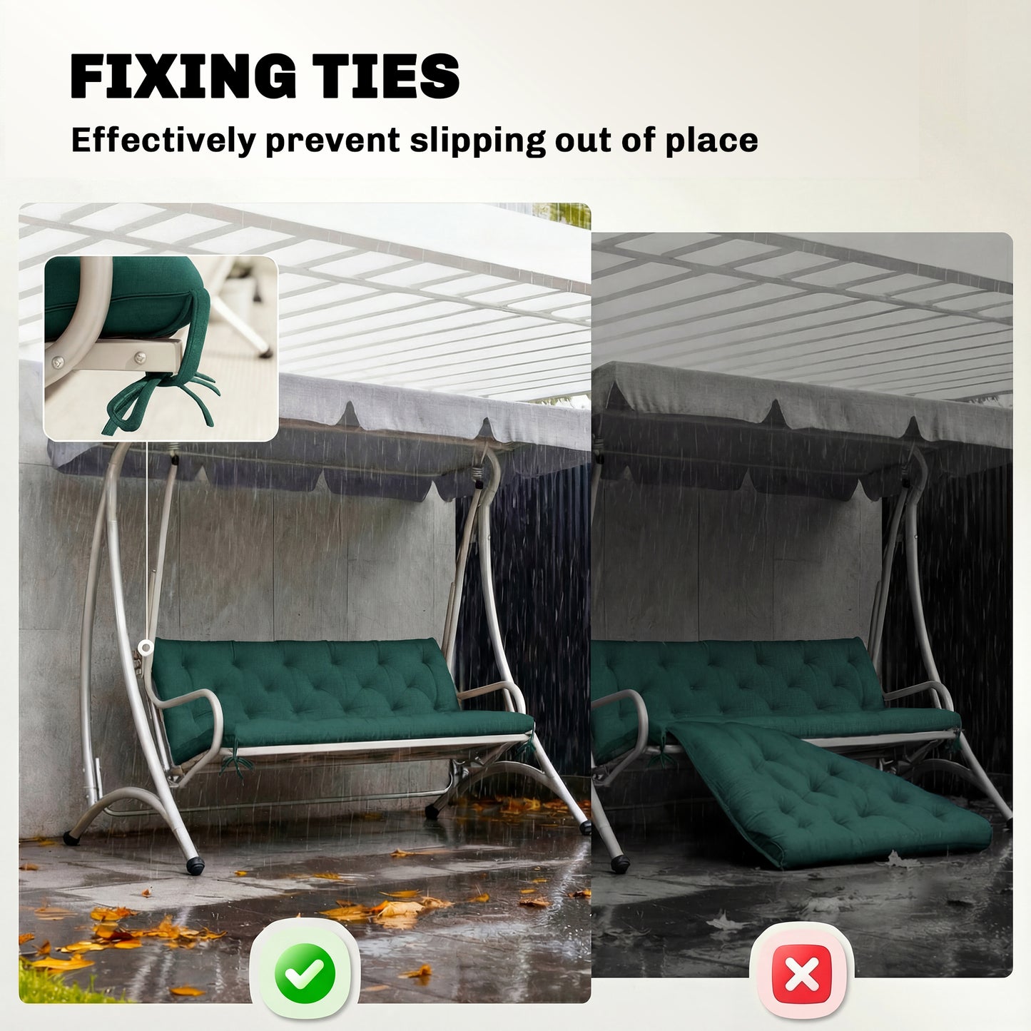 Outsunny 3 Seater Bench Cushion With Back And Ties For Indoor Outdoor Use 98 x 150 cm Green Cotton Filled