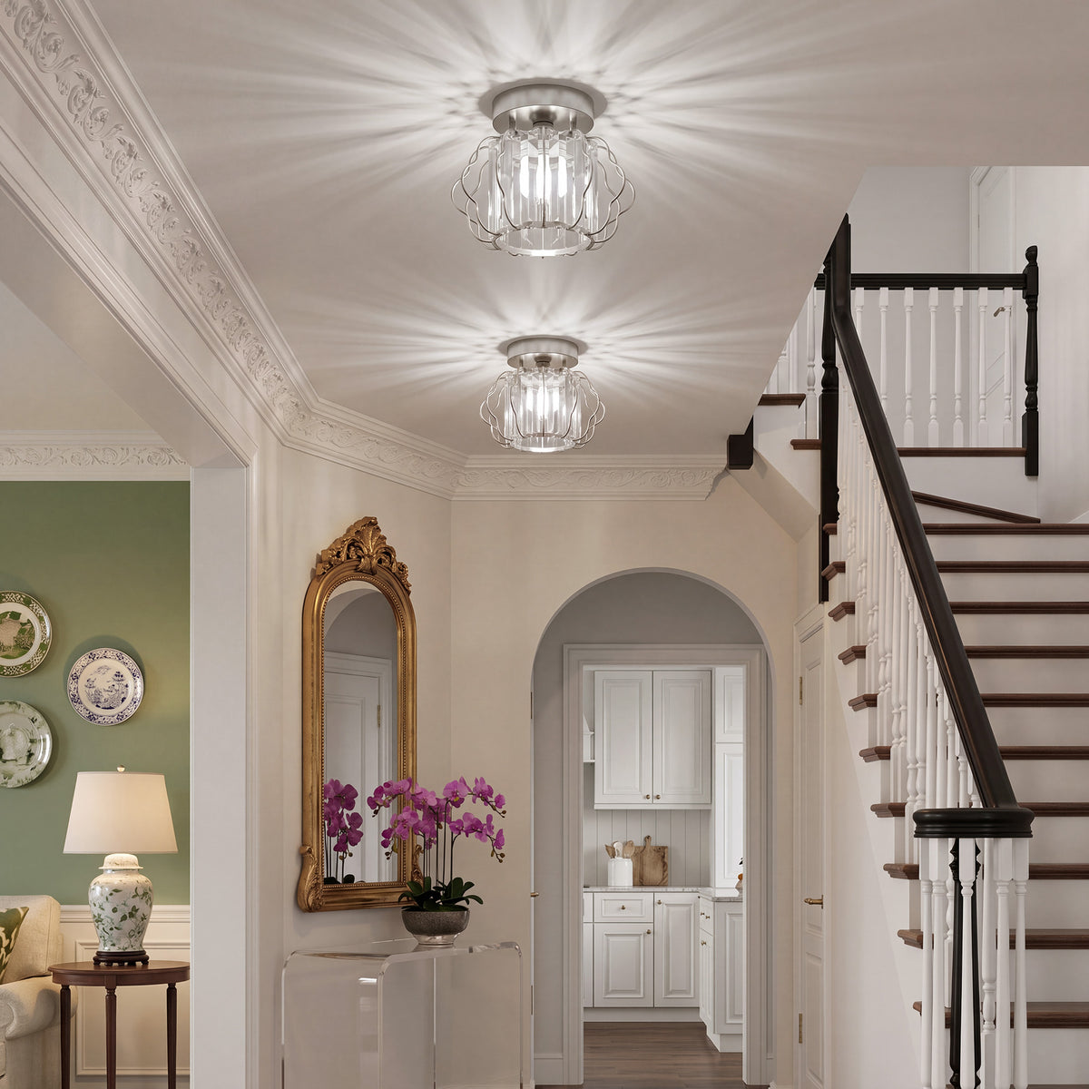Silver semi-flush ceiling light with clear crystal bars and curled metal frame