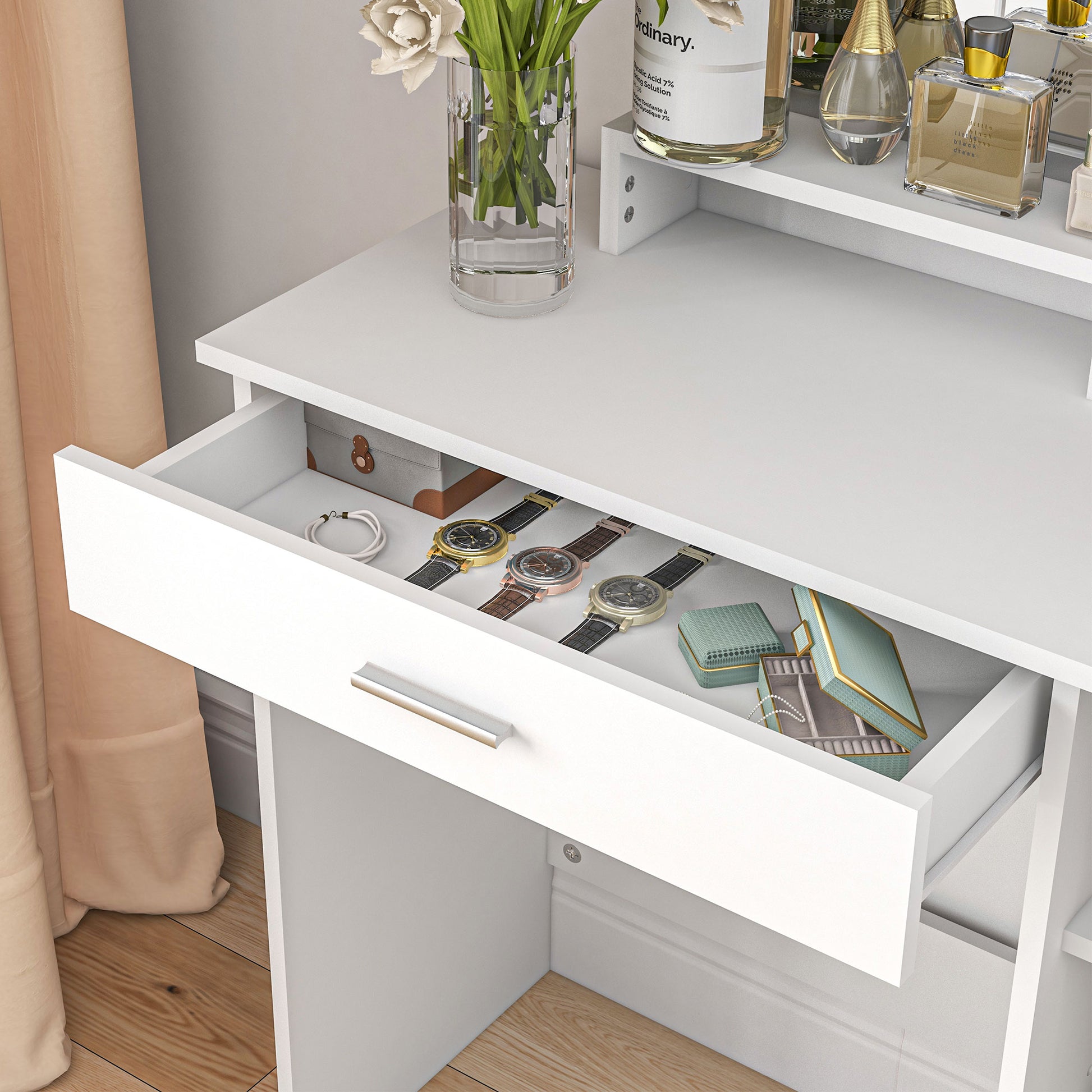 HOMCOM Modern White Vanity Table with Storage and Large Mirror - ALL4U RETAILER LTD