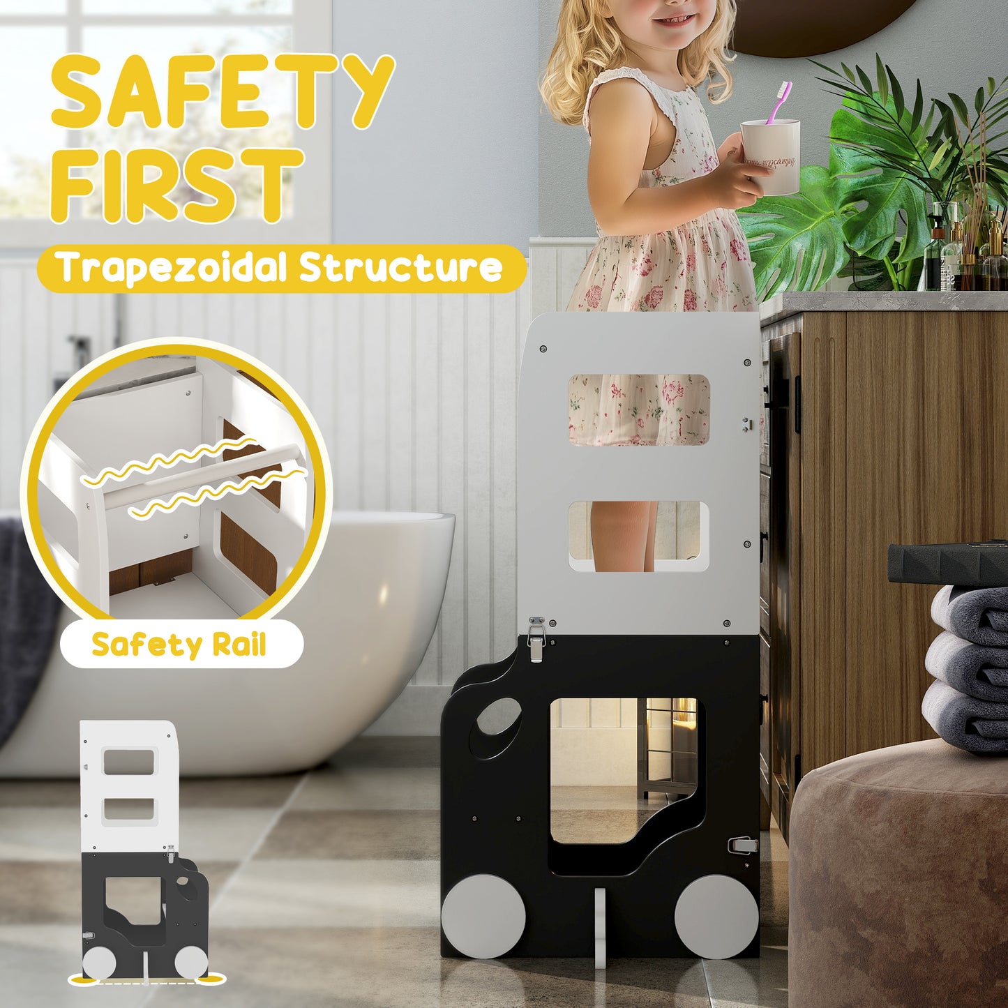 AIYAPLAY Toddler 4 In 1 Standing Tower Foldable Step Stool With Safety Rail For Kitchen And Bathroom Grey
